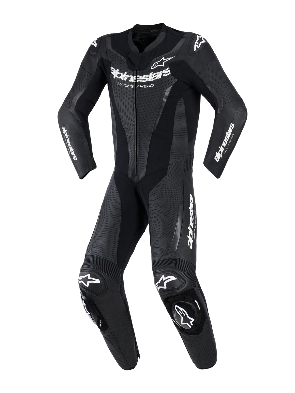 Alpinestars GP Force V2 Leather Suit - 1Piece, nera, tuta da corsa professionale monopezzo con logo Alpinestars bianco su petto e maniche, pannelli in pelle traforata per la ventilazione, inserti elasticizzati a fisarmonica e slider per le ginocchia integrati, vista frontale.