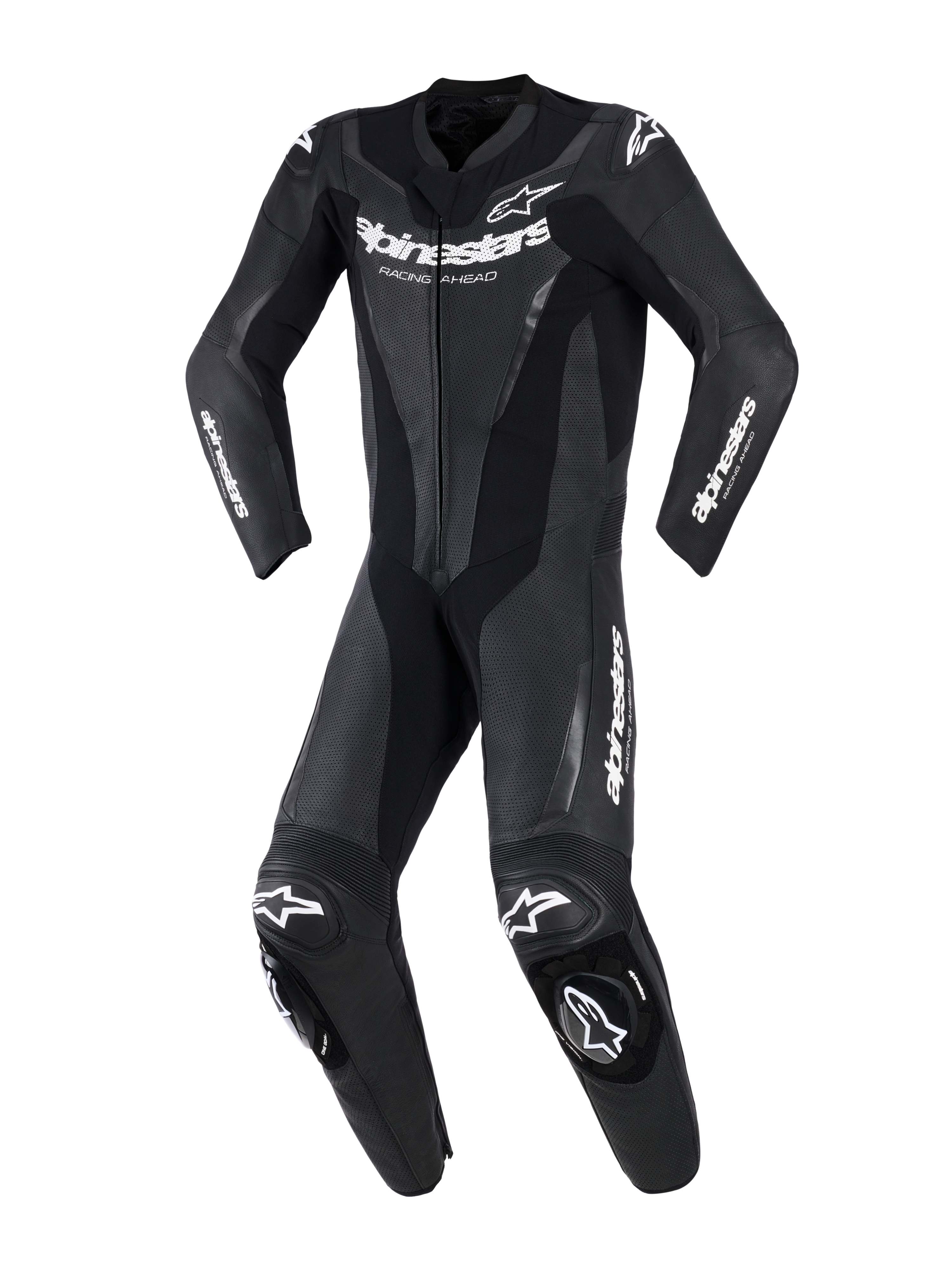 Alpinestars GP Force V2 Leather Suit - 1Piece, nera, tuta da corsa professionale monopezzo con logo Alpinestars bianco su petto e maniche, pannelli in pelle traforata per la ventilazione, inserti elasticizzati a fisarmonica e slider per le ginocchia integrati, vista frontale.