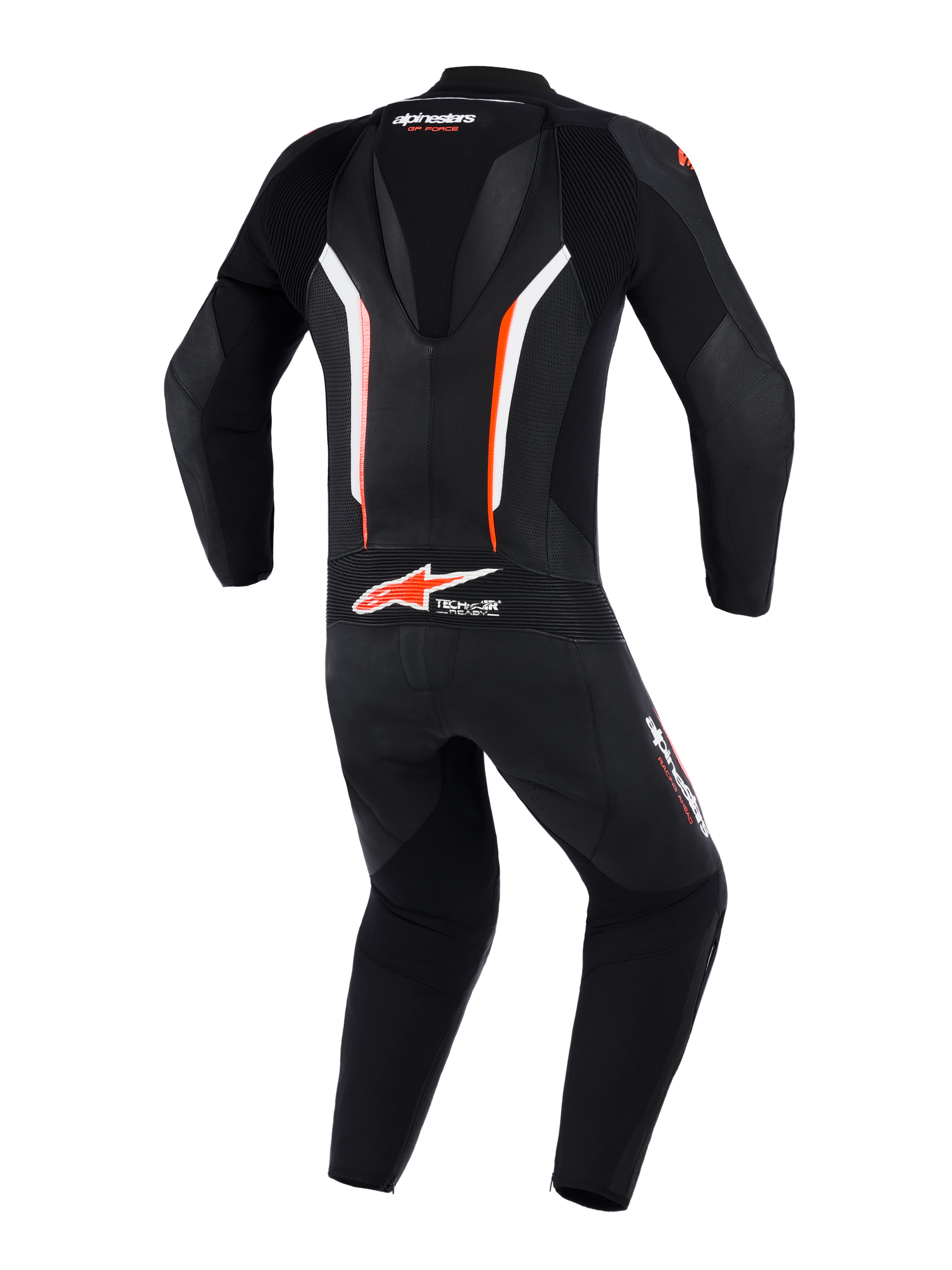Alpinestars GP Force V2 Leather Suit 1-Piece, vista posteriore, nero bianco e rosso fluo, dotata di gobba aerodinamica, pannelli in pelle traforata per la ventilazione e logo Tech-Air Ready sulla parte bassa della schiena, abbigliamento professionale da moto.