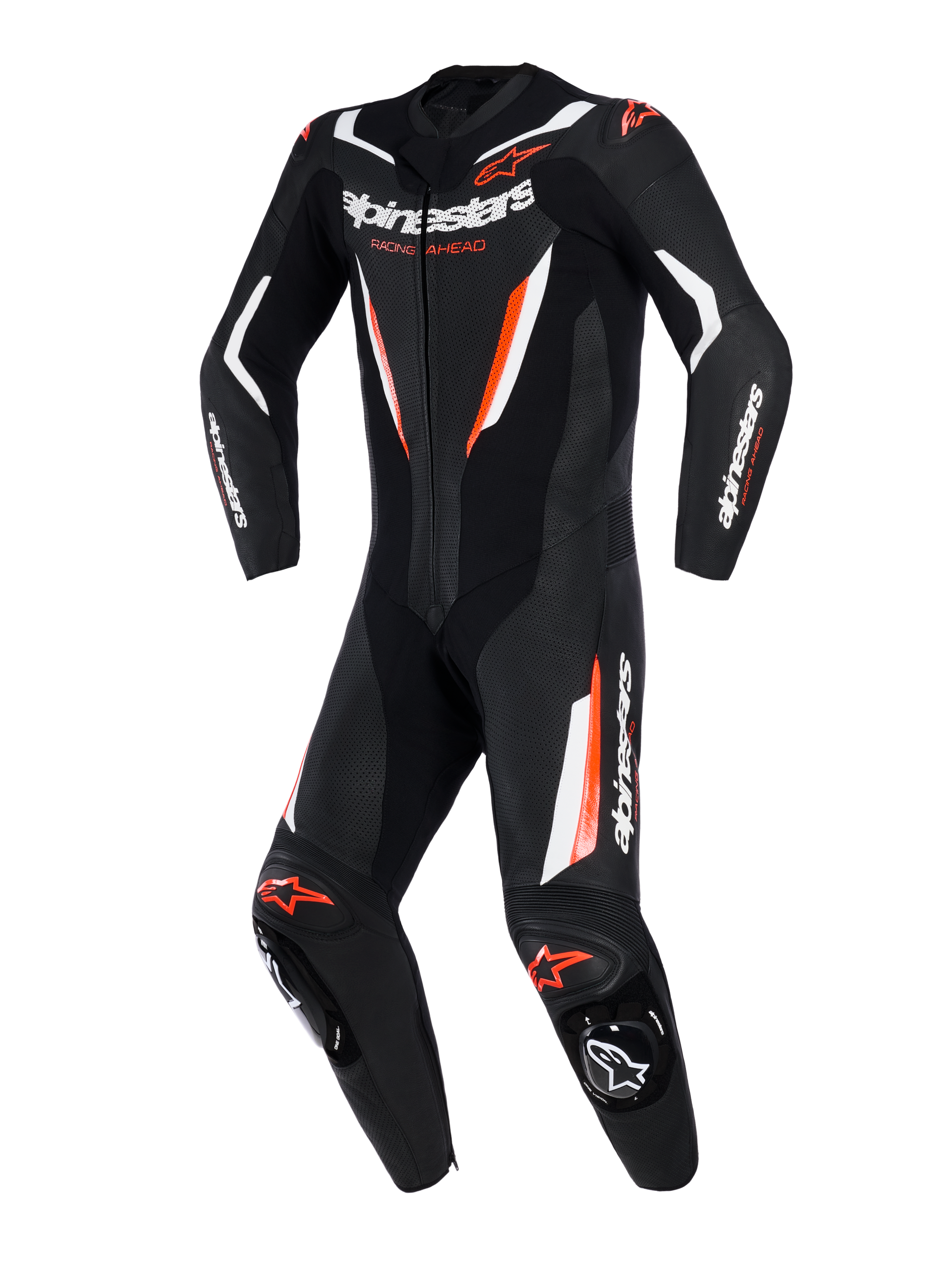 Tuta in pelle Alpinestars GP Force V2, tuta racing intera da moto, nero, bianco e rosso fluo, con pannelli in pelle traforata, accenti bianchi e rossi fluorescenti, marchio Alpinestars su petto e maniche, design professionale da pista