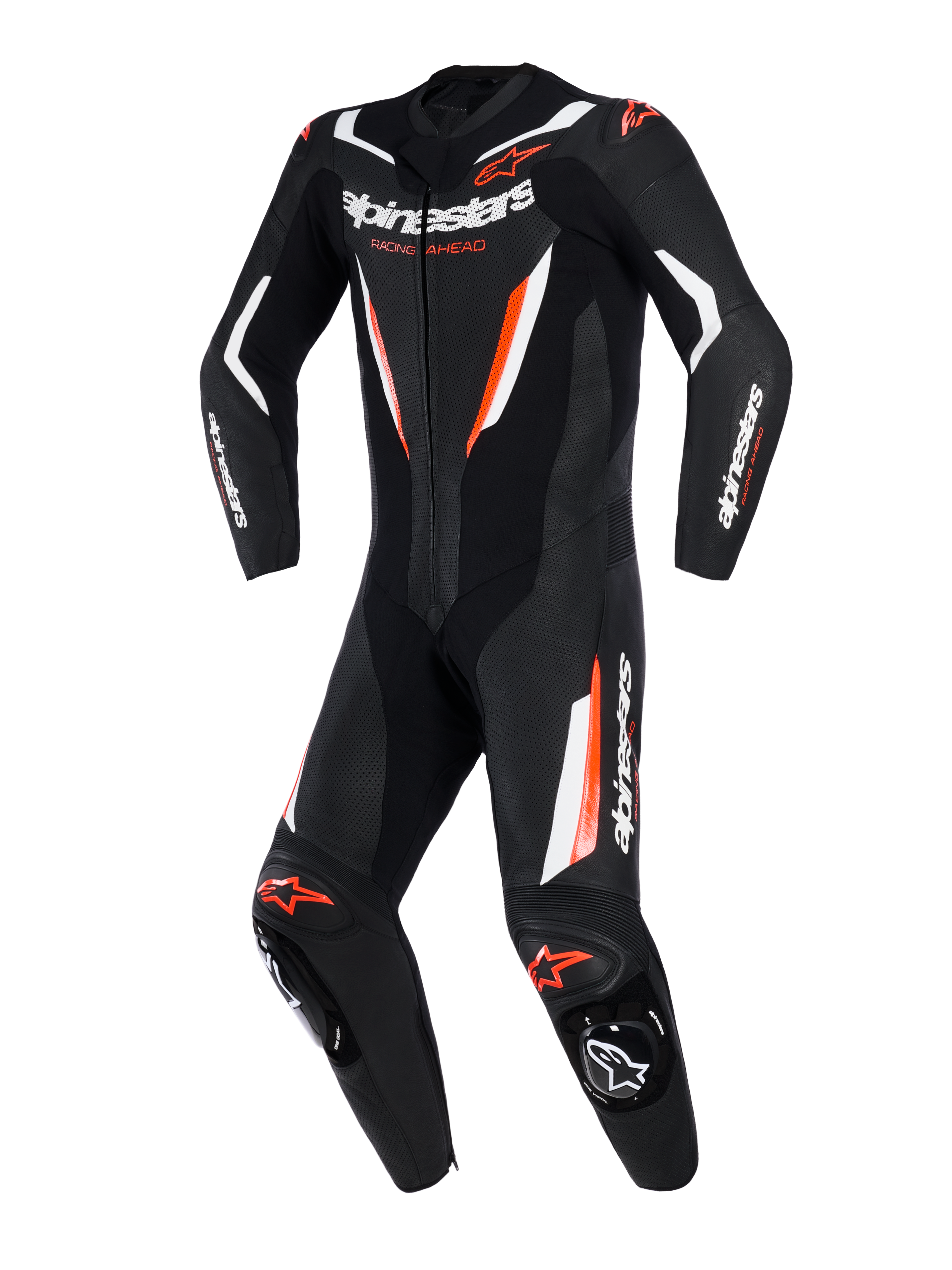Tuta in pelle Alpinestars GP Force V2, tuta racing intera da moto, nero, bianco e rosso fluo, con pannelli in pelle traforata, accenti bianchi e rossi fluorescenti, marchio Alpinestars su petto e maniche, design professionale da pista