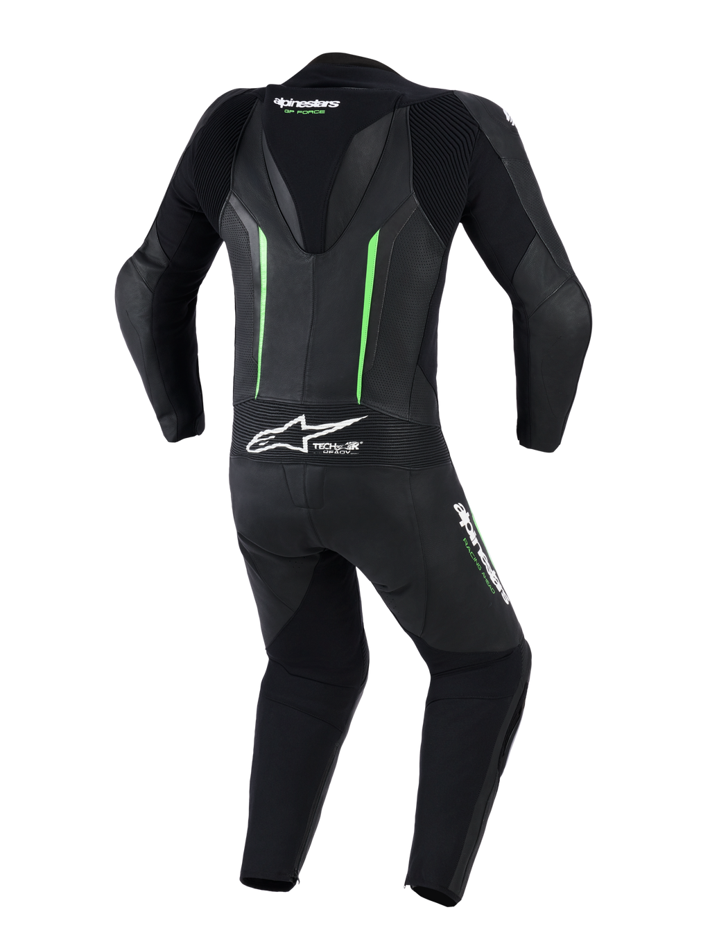 Tuta in pelle Alpinestars GP Force V2 - 1 pezzo, vista posteriore, nero con accenti verde fluorescente, dotata di gobba aerodinamica, pannelli in pelle traforata, zone elasticizzate a fisarmonica e logo Tech-Air Ready, abbigliamento professionale da gara motociclistica