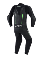 Tuta in pelle Alpinestars GP Force V2 - 1 pezzo, vista posteriore, nero con accenti verde fluorescente, dotata di gobba aerodinamica, pannelli in pelle traforata, zone elasticizzate a fisarmonica e logo Tech-Air Ready, abbigliamento professionale da gara motociclistica