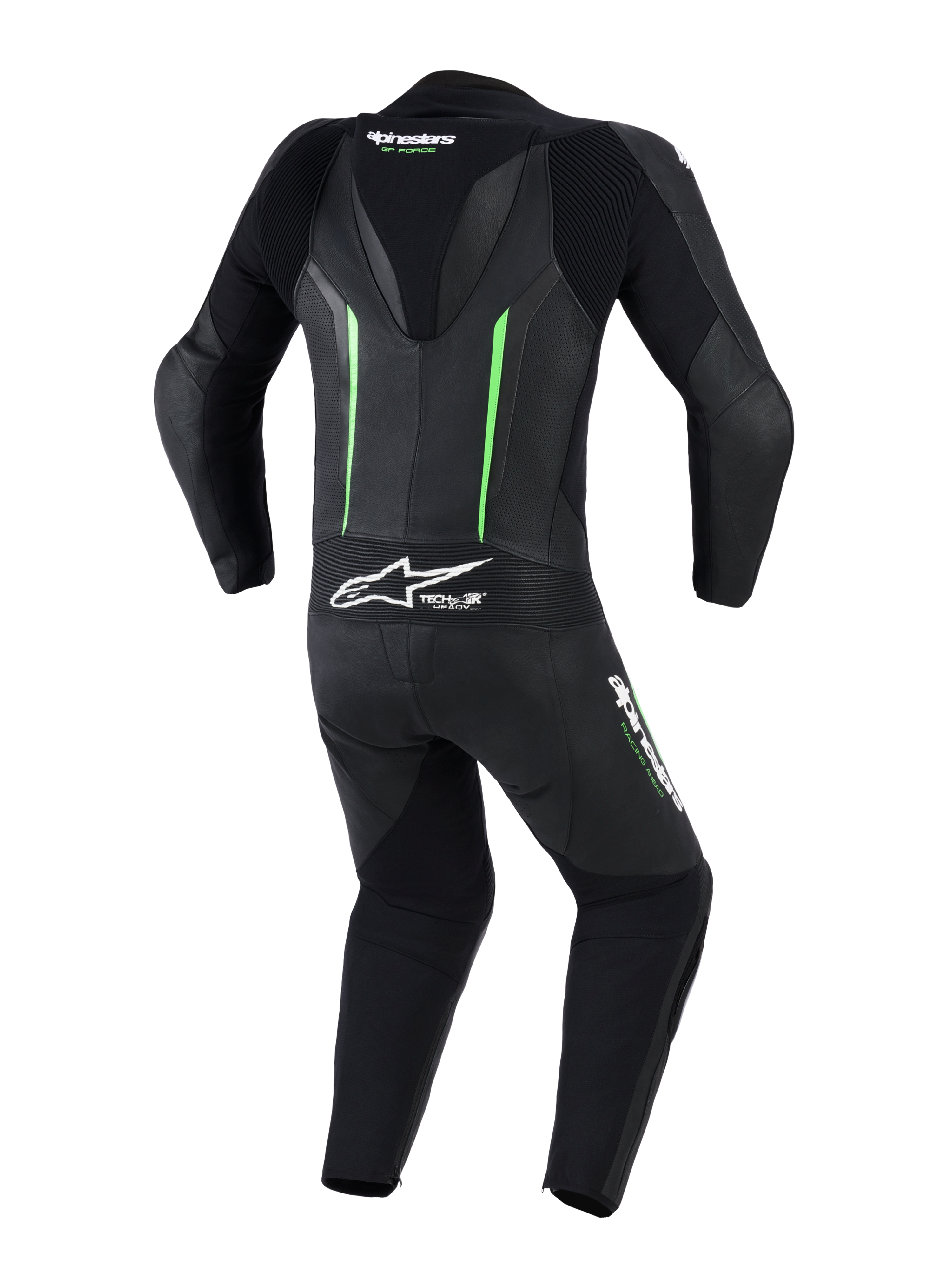 Tuta in pelle Alpinestars GP Force V2 - 1 pezzo, vista posteriore, nero con accenti verde fluorescente, dotata di gobba aerodinamica, pannelli in pelle traforata, zone elasticizzate a fisarmonica e logo Tech-Air Ready, abbigliamento professionale da gara motociclistica