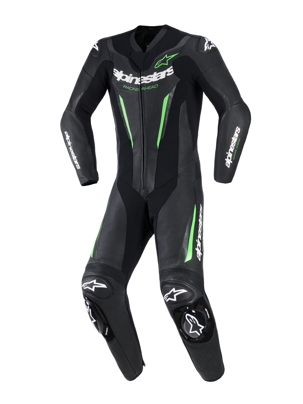 Tuta in pelle Alpinestars GP Force V2 - 1 Pezzo, tuta intera da corsa per moto, nero con accenti verde neon e loghi bianchi, dotata di pannelli in pelle traforata, slider esterni DFS Lite su spalle e ginocchia e un design sportivo dedicato.
