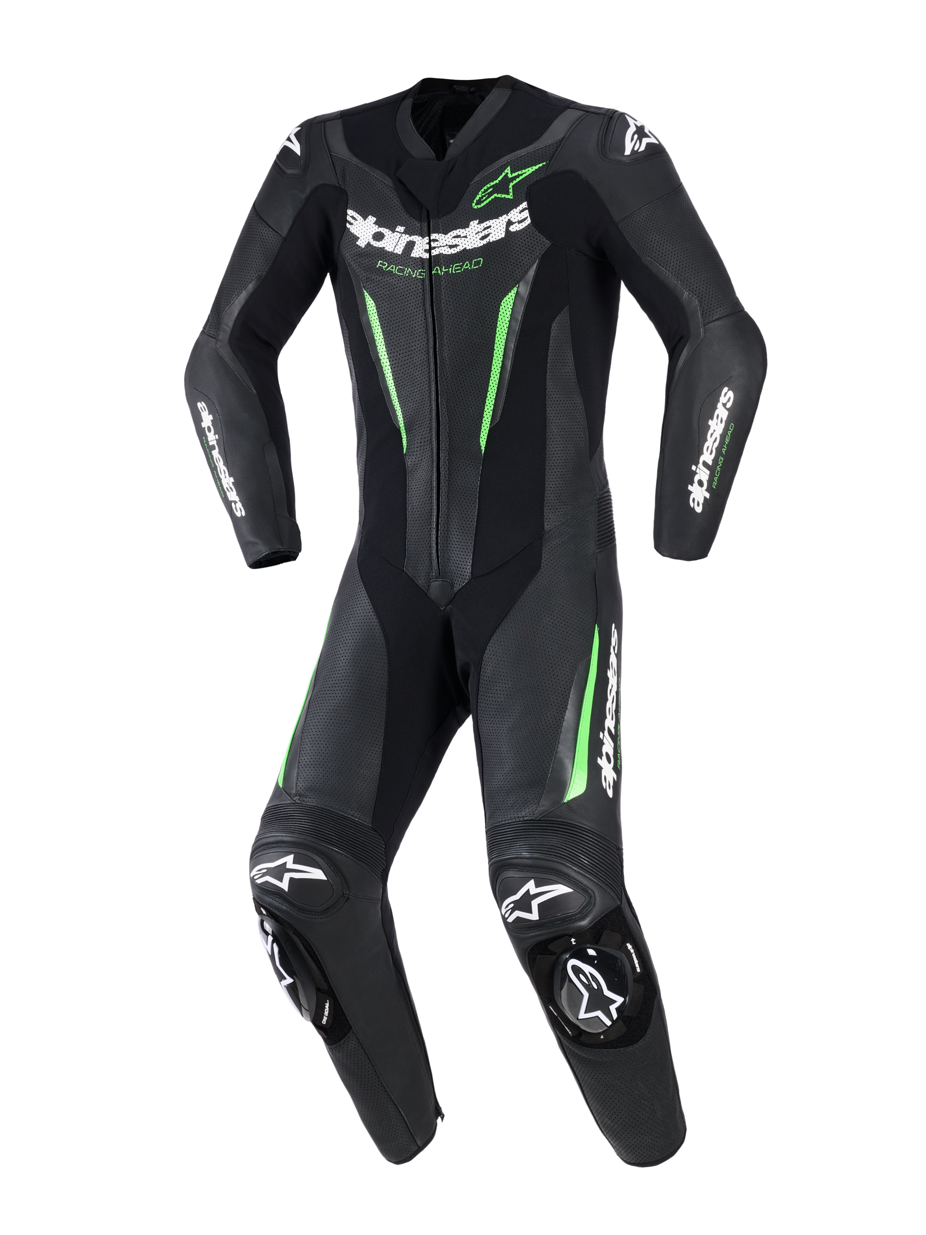 Tuta in pelle Alpinestars GP Force V2 - 1 Pezzo, tuta intera da corsa per moto, nero con accenti verde neon e loghi bianchi, dotata di pannelli in pelle traforata, slider esterni DFS Lite su spalle e ginocchia e un design sportivo dedicato.