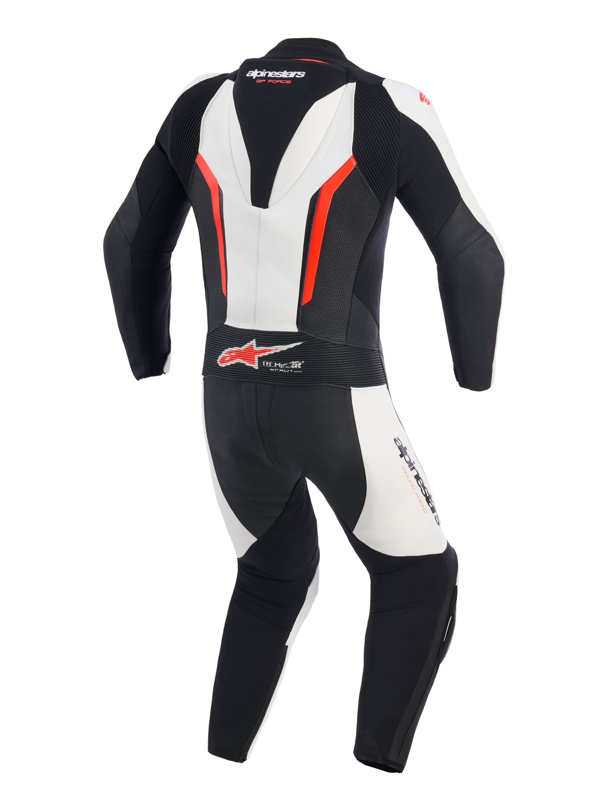 Tuta in pelle Alpinestars GP Force V2 - Monopezzo, Bianco Nero e Rosso Fluo, vista posteriore con gobba aerodinamica, pannelli di espansione in pelle a fisarmonica su spalle e parte bassa della schiena, zone traforate per la ventilazione e logo Tech-Air Ready, tuta racing professionale per prestazioni in pista