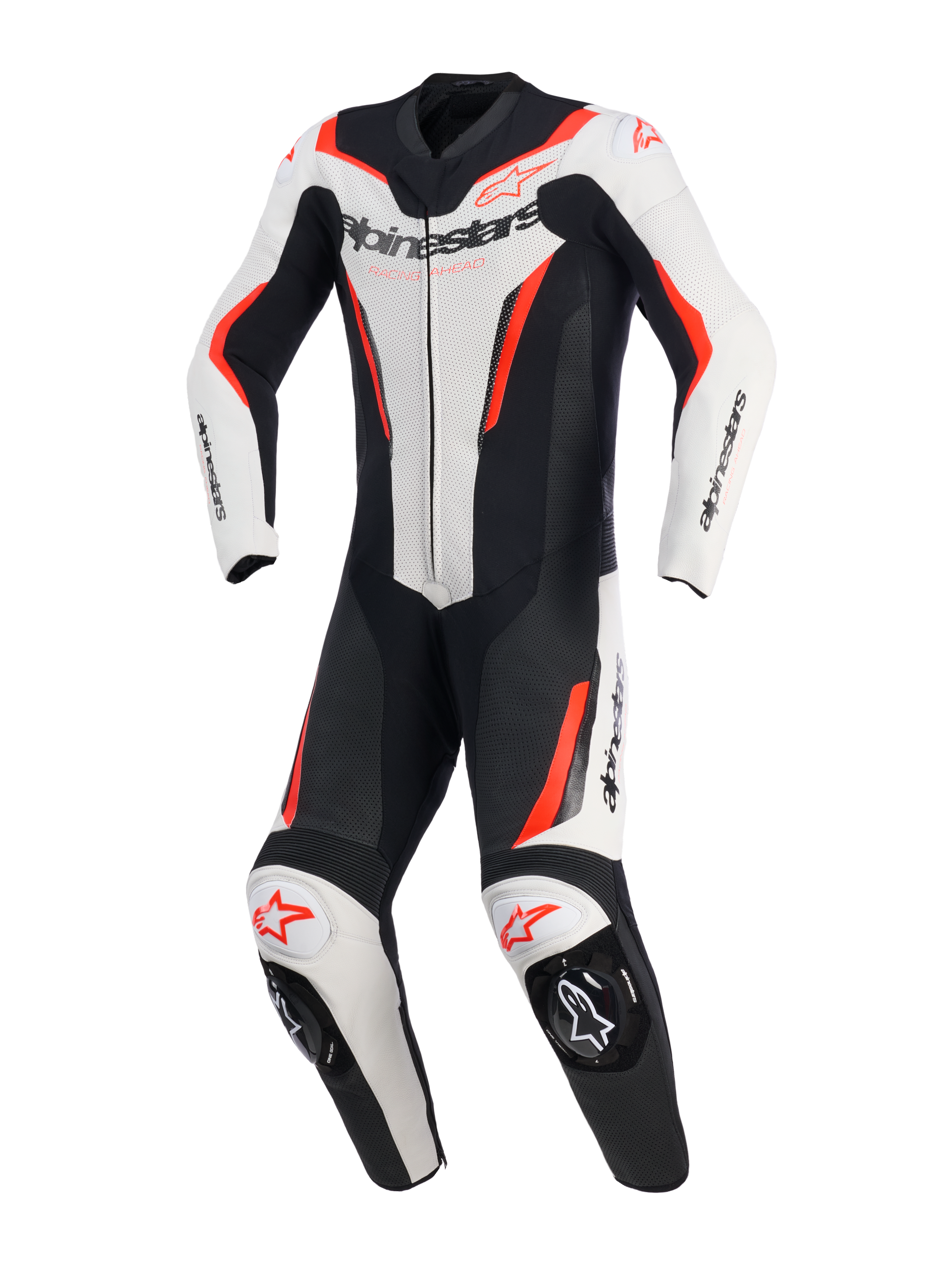 Alpinestars GP Force V2 Leather Suit - 1Piece, bianco, nero e rosso fluo, tuta da moto intera da competizione, vista frontale, con pannelli in pelle traforata, marchio Alpinestars sul petto e sulle spalle e slider per ginocchia integrati.