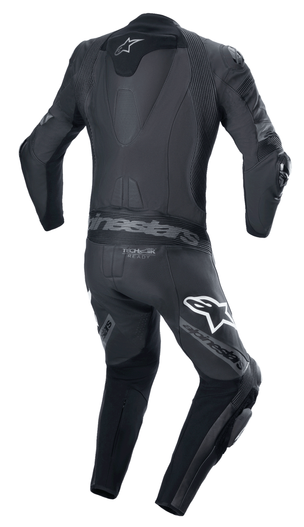 Tuta in pelle intera Alpinestars Missile V2 Ward, Nero Grigio Metallizzato, vista posteriore con gobba aerodinamica, pannelli elastici a fisarmonica sulla parte bassa della schiena e sulle spalle, loghi Alpinestars sulle cosce e logo Tech-Air Ready