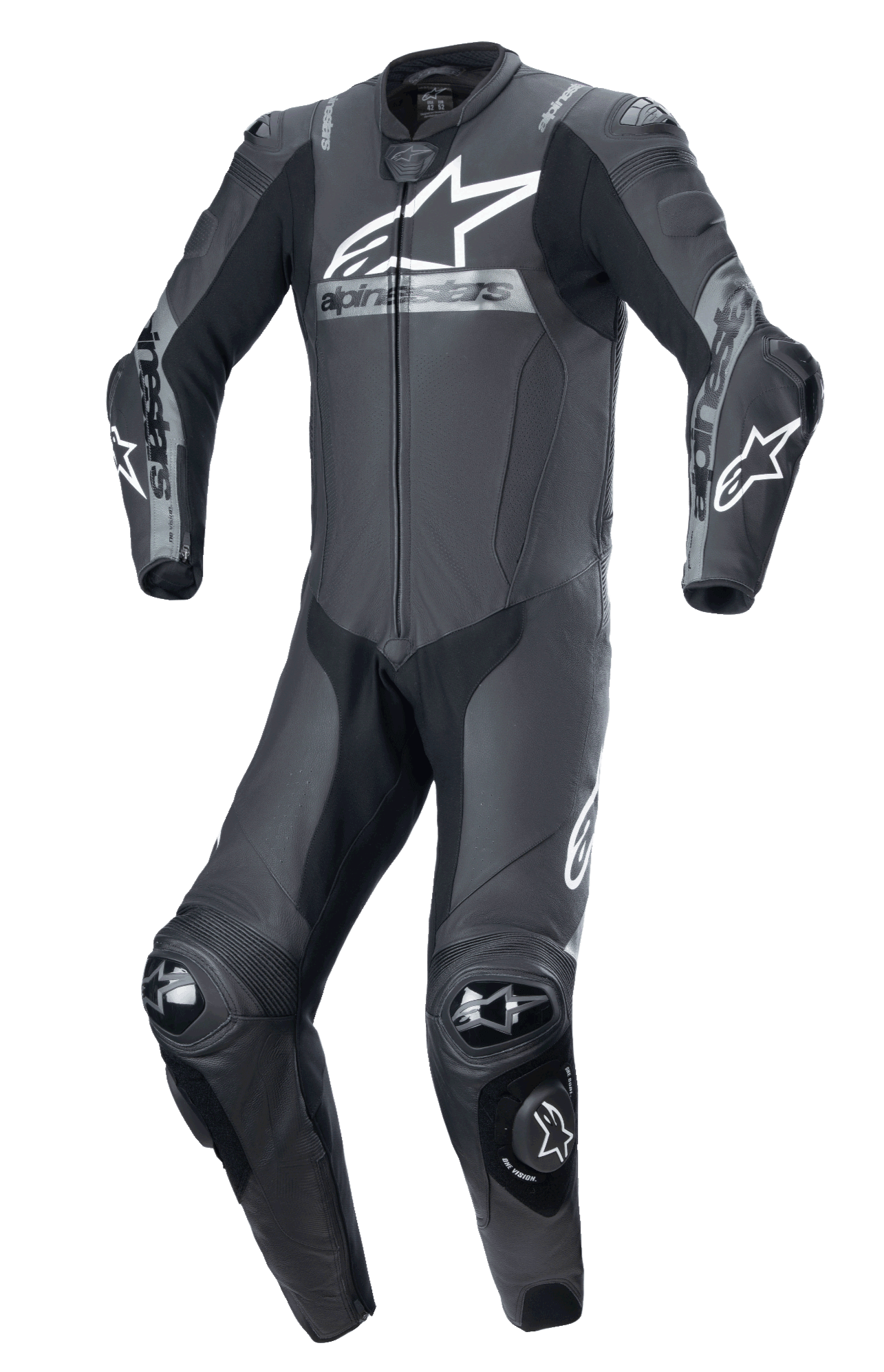 Alpinestars Missile V2 Ward tuta in pelle monopezzo, Nero Grigio Metallizzato, tuta da corsa professionale, design aerodinamico con protezioni su spalle, gomiti e ginocchia, grande logo Alpinestars bianco sul petto, costruzione in pelle premium per prestazioni in pista