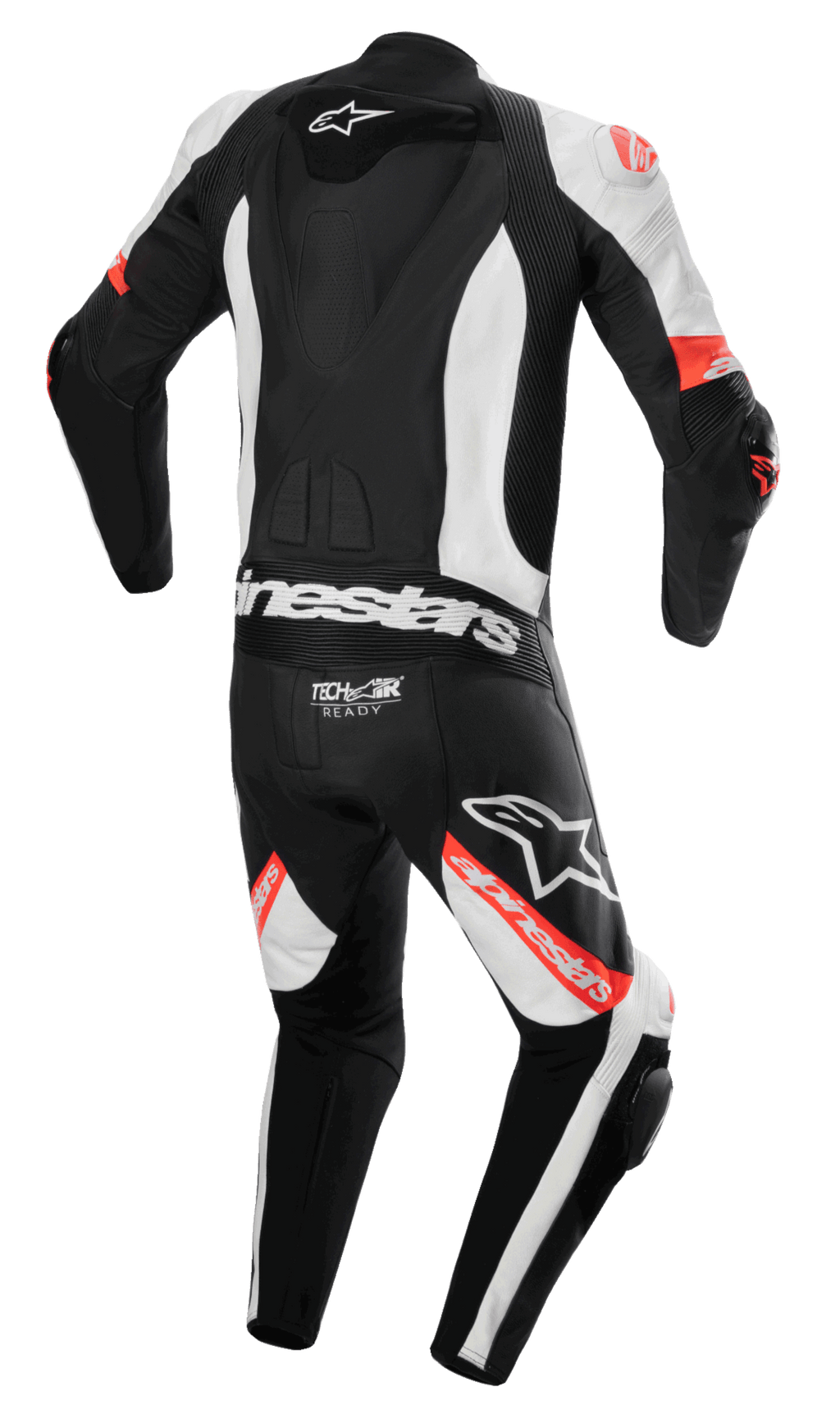 Tuta in pelle intera Alpinestars Missile V2 Ward, tuta da moto, nero, bianco e rosso fluo, vista posteriore con gobba aerodinamica, logo Tech-Air Ready sulla parte bassa della schiena, zone elasticizzate a fisarmonica e branding Alpinestars evidente su gambe e schiena