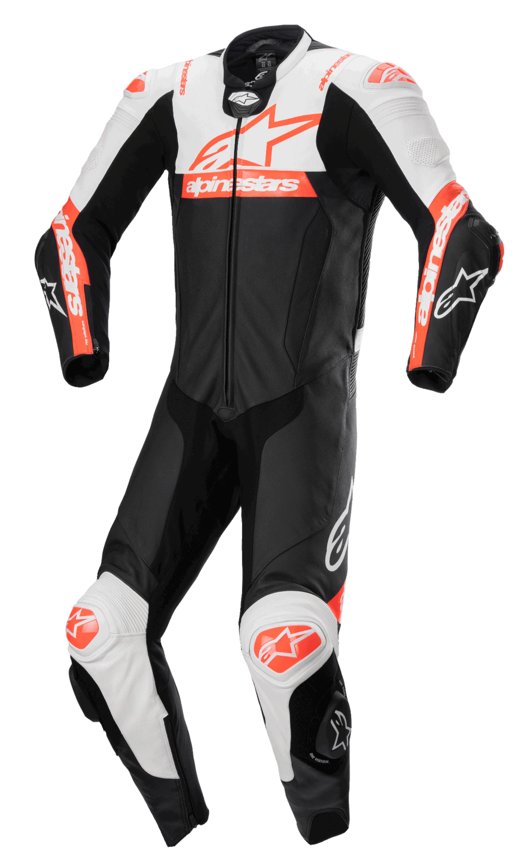 Alpinestars Missile V2 Ward 1-Piece Leather Suit, tuta da corsa in pelle monopezzo, nero con accenti bianchi e rosso fluo, design aerodinamico con cerniera frontale e slider per ginocchia, costruzione in pelle premium