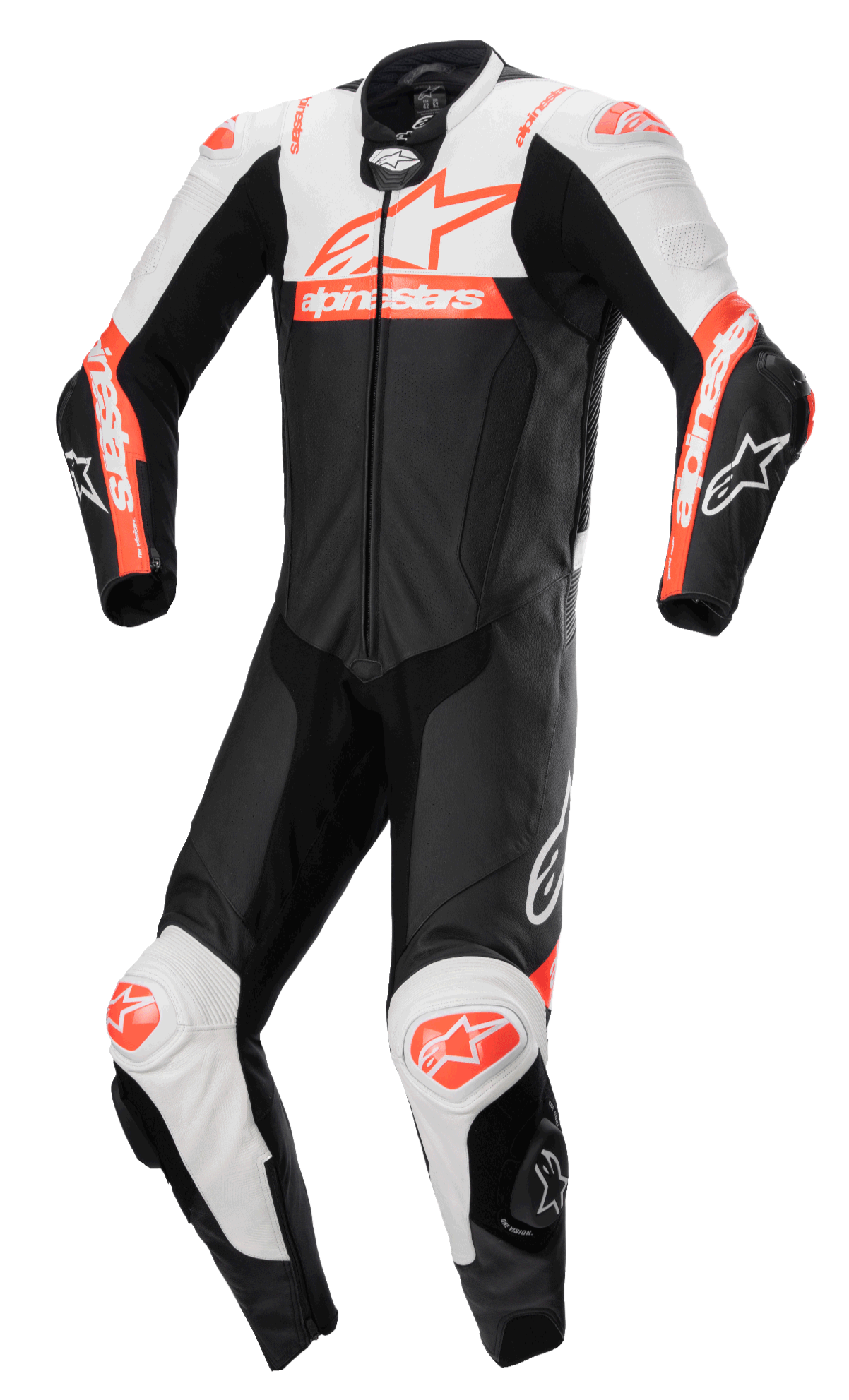 Alpinestars Missile V2 Ward 1-Piece Leather Suit, tuta da corsa in pelle monopezzo, nero con accenti bianchi e rosso fluo, design aerodinamico con cerniera frontale e slider per ginocchia, costruzione in pelle premium