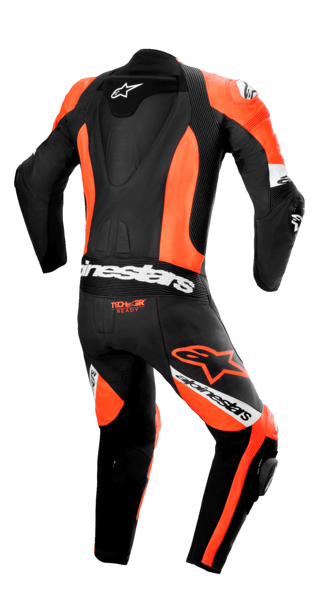 Tuta in pelle intera Alpinestars Missile V2 Ward, vista posteriore, nero e rosso fluo con dettagli bianchi, caratterizzata da una gobba aerodinamica snella, pannelli elasticizzati a fisarmonica sulla parte bassa della schiena e sulle ginocchia, logo 'Tech-Air Ready' e branding Alpinestars in evidenza per gare su pista professionali.
