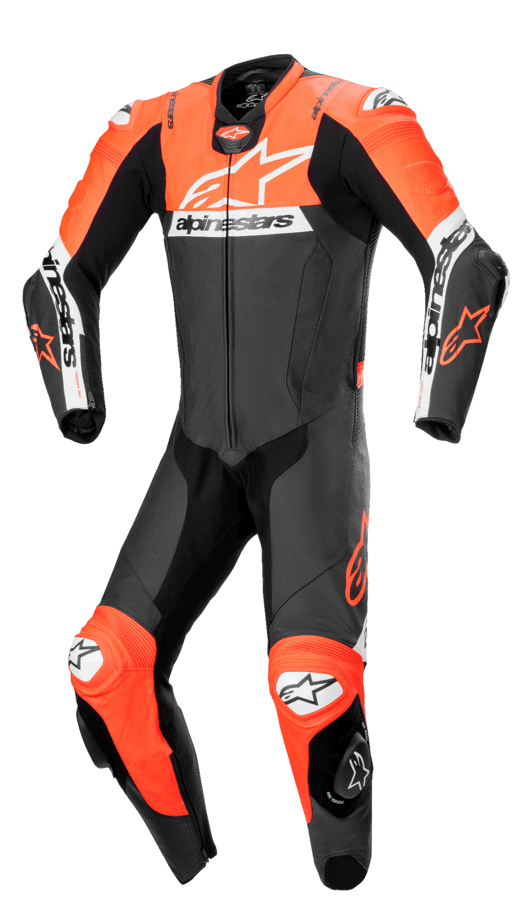Alpinestars Missile V2 Ward 1-Piece Leather Suit, tuta professionale da moto in pelle intera in nero, rosso fluo e bianco, con un grande logo bianco sul petto, pannelli in pelle traforata, zone elasticizzate a fisarmonica sulle ginocchia e slider protettivi integrati per prestazioni in pista.