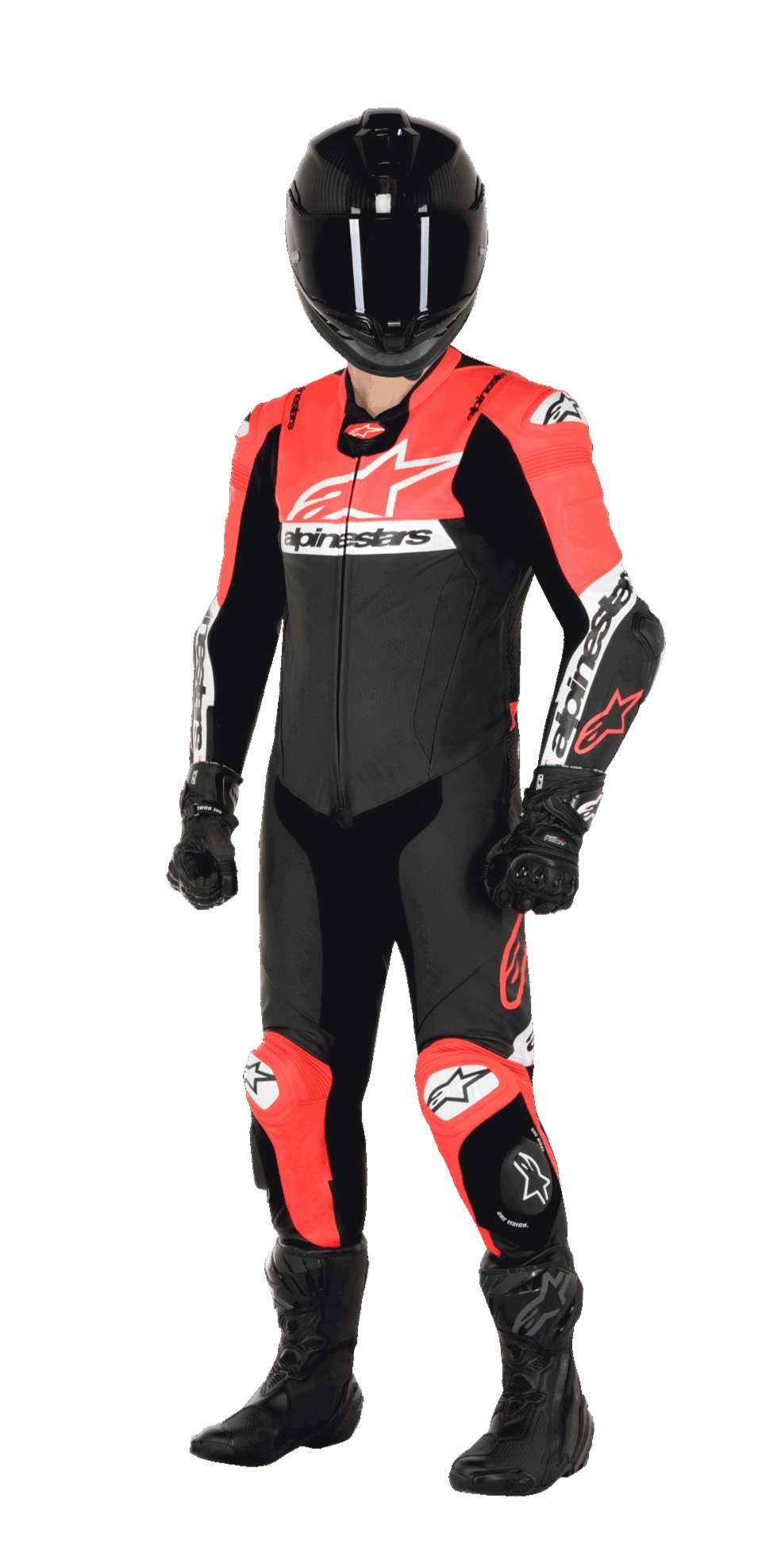 Pilota di moto con tuta in pelle intera Alpinestars Missile V2 Ward, colorazione Nero Rosso Fluo e Bianco, completa di casco nero, guanti racing neri e stivali neri, progettata per competizioni su pista ad alte prestazioni.