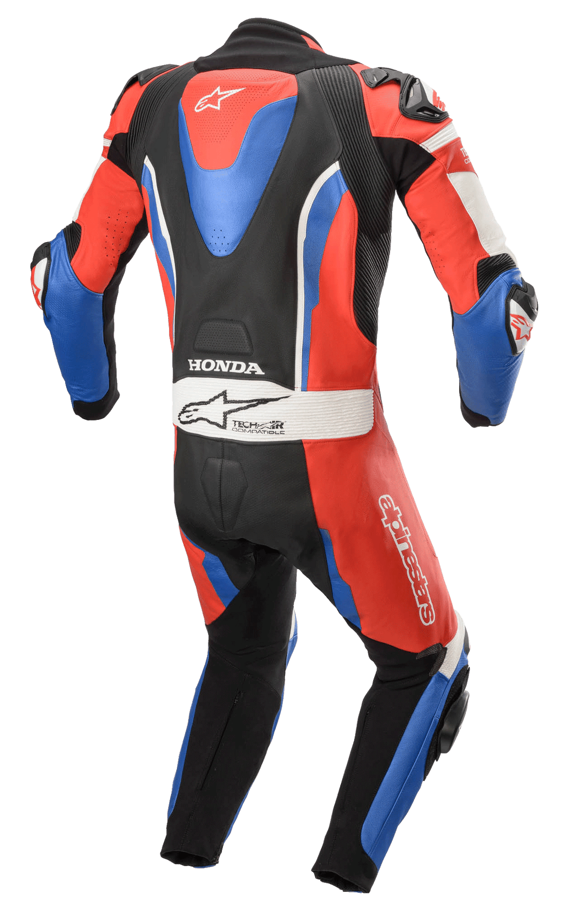 Tuta in pelle intera Alpinestars Honda GP Pro V2, tuta da racing per moto, nero, rosso e blu, vista posteriore con gobba aerodinamica, loghi Honda e Tech-Air, pannelli elastici a fisarmonica per la mobilità, attrezzatura professionale da pista.