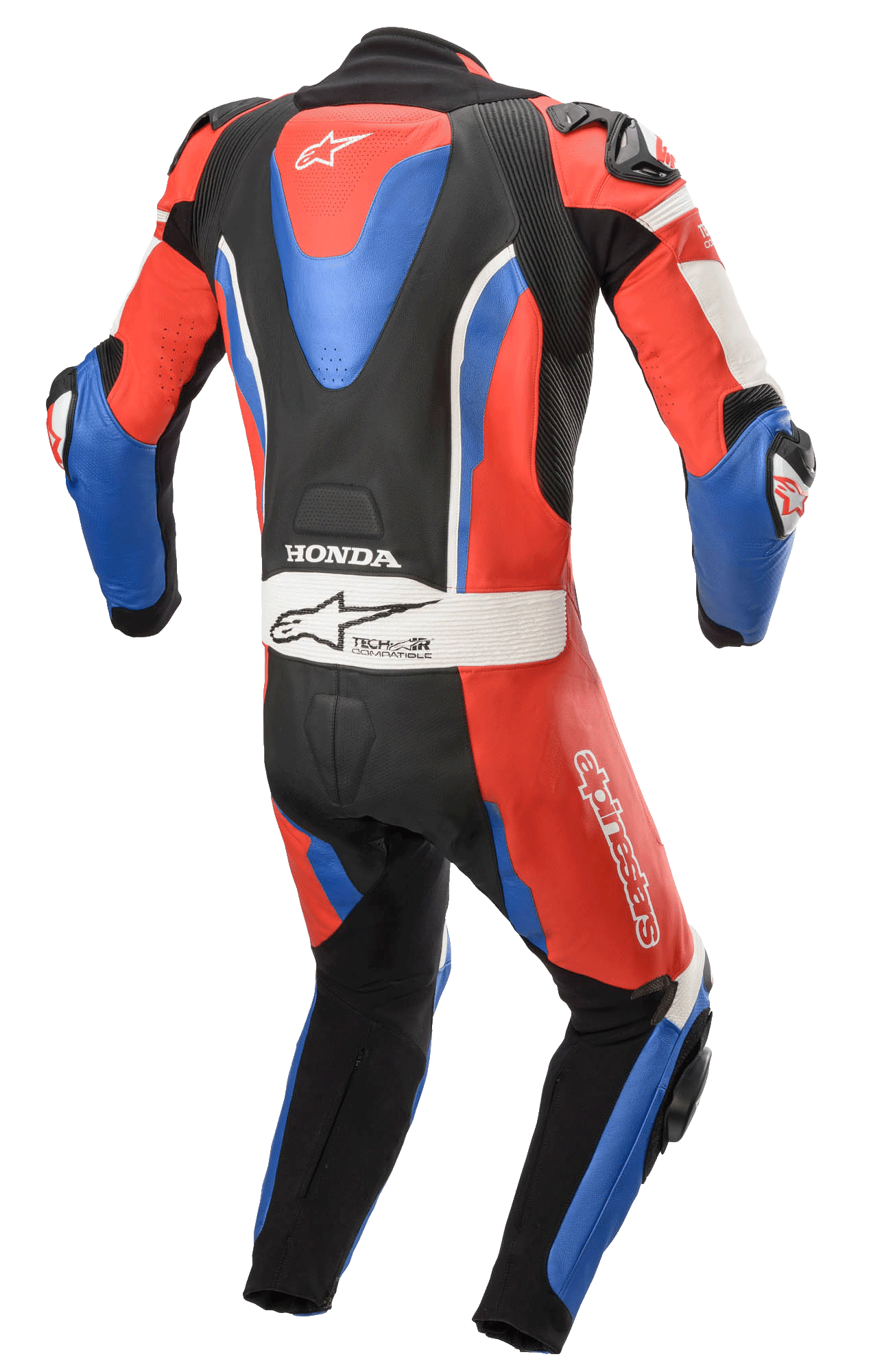 Tuta in pelle intera Alpinestars Honda GP Pro V2, tuta da racing per moto, nero, rosso e blu, vista posteriore con gobba aerodinamica, loghi Honda e Tech-Air, pannelli elastici a fisarmonica per la mobilità, attrezzatura professionale da pista.
