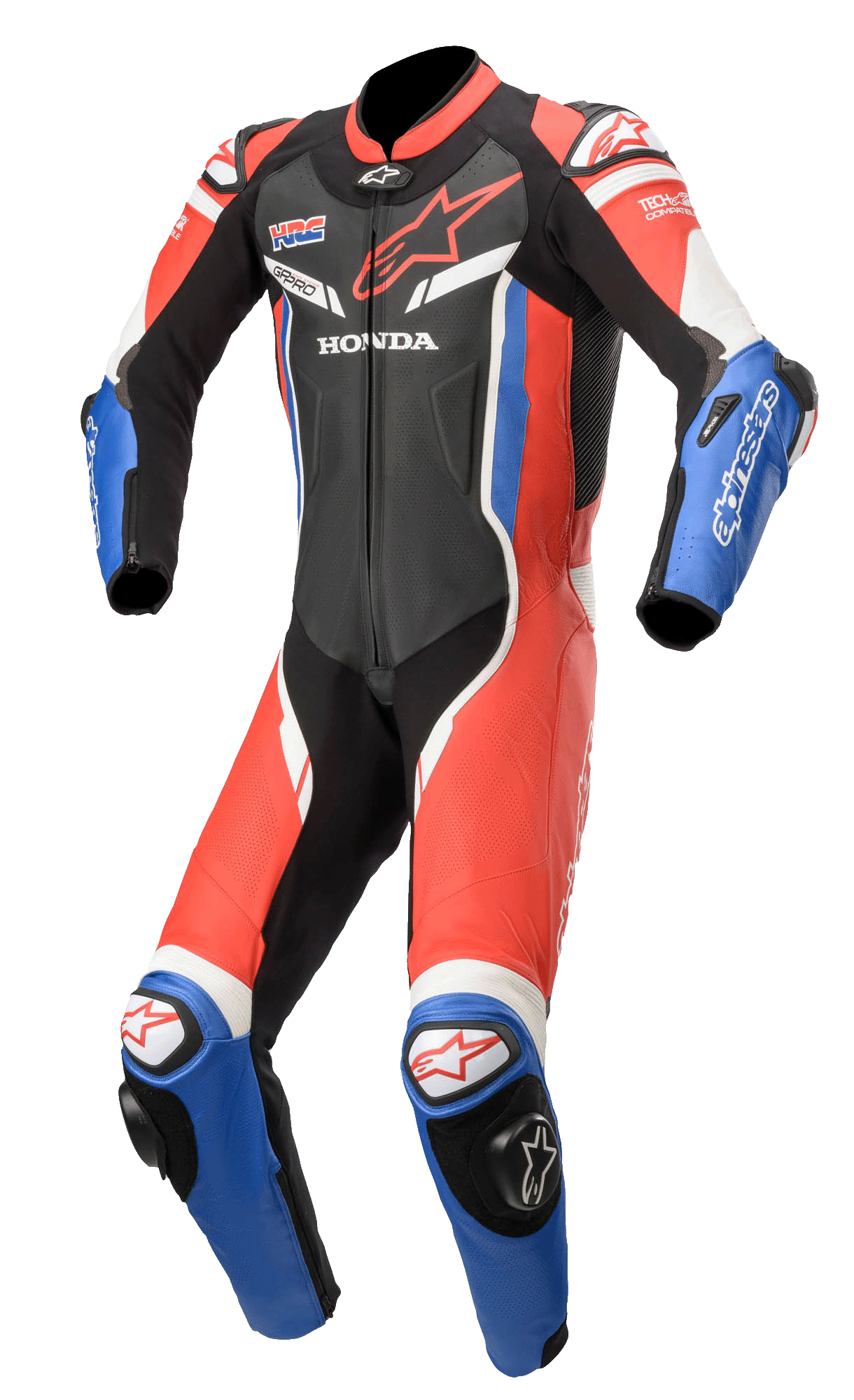 Alpinestars Honda GP Pro V2 tuta in pelle intera, tuta professionale da corsa per moto, nero, rosso e blu con dettagli bianchi, con loghi Honda e HRC, design aerodinamico con ventilazione traforata, slider DFS su spalle e ginocchia, compatibile con Tech-Air®