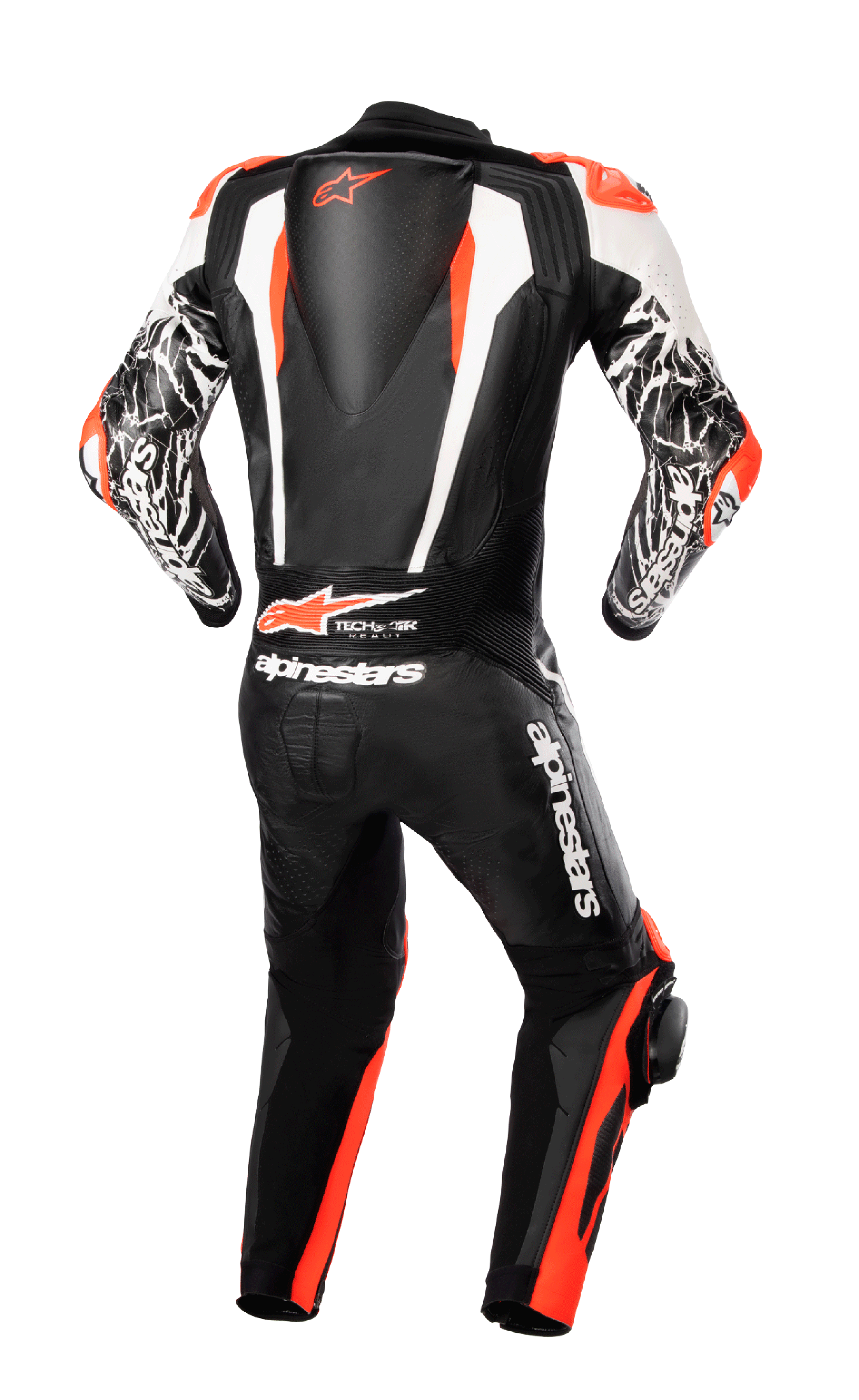 Tuta in pelle intera Alpinestars Racing Absolute V2, vista posteriore, nero, bianco e rosso fluo, con gobba aerodinamica posteriore con logo, marchio Tech-Air Ready e dettagli marmorizzati bianchi sulle braccia, equipaggiamento moto professionale da pista