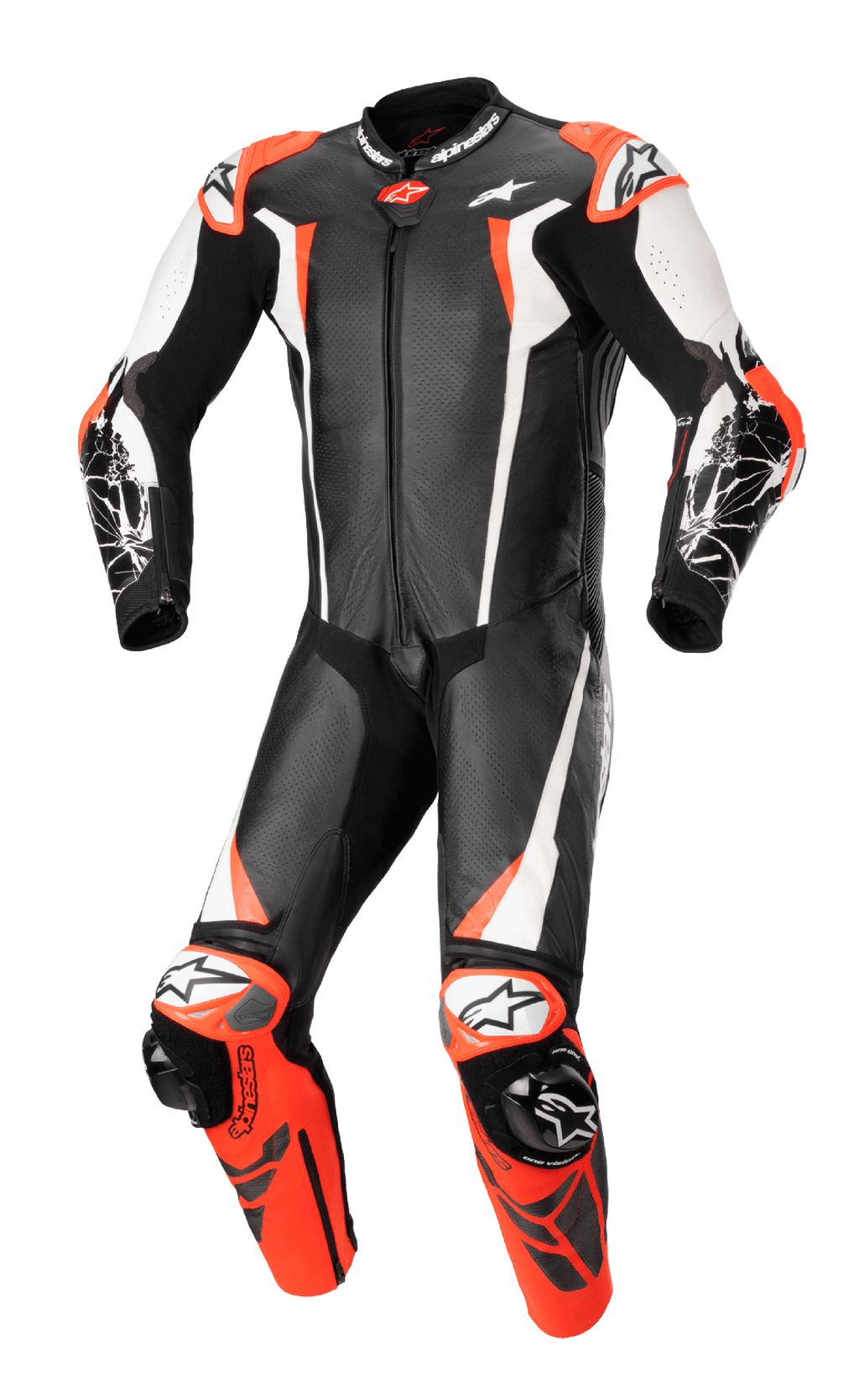 Alpinestars Racing Absolute V2 One Piece Leather Suit, tuta intera in pelle per moto, nero, bianco e rosso fluo, design aerodinamico con pelle traforata, slider esterni su spalle e ginocchia, costruzione professionale pronta per la pista