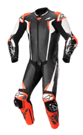 Alpinestars Racing Absolute V2 One Piece Leather Suit, tuta intera in pelle per moto, nero, bianco e rosso fluo, design aerodinamico con pelle traforata, slider esterni su spalle e ginocchia, costruzione professionale pronta per la pista