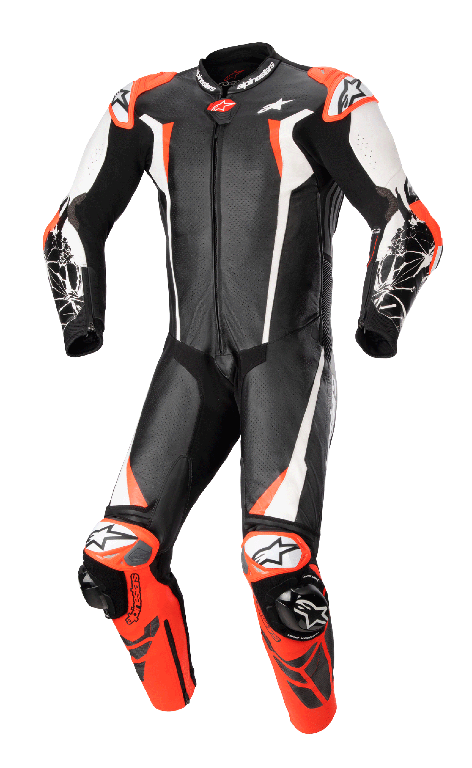 Alpinestars Racing Absolute V2 One Piece Leather Suit, tuta intera in pelle per moto, nero, bianco e rosso fluo, design aerodinamico con pelle traforata, slider esterni su spalle e ginocchia, costruzione professionale pronta per la pista