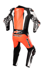 Alpinestars Racing Absolute V2 One Piece Leather Suit, vista posteriore, rosso fluo bianco e nero, con gobba aerodinamica, marchio Tech-Air Ready e grafiche effetto marmo sulle maniche, abbigliamento professionale per gare motociclistiche