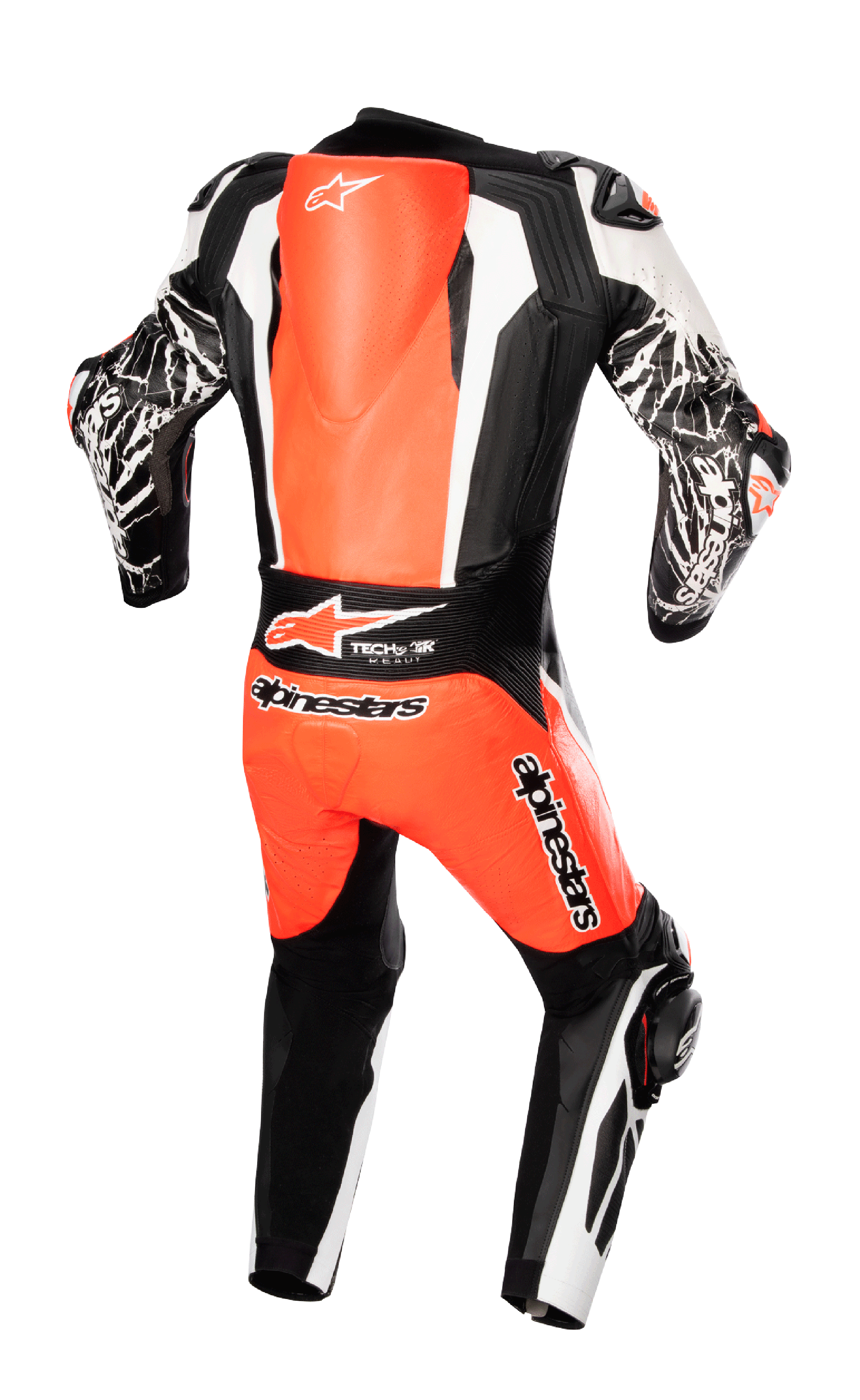 Alpinestars Racing Absolute V2 One Piece Leather Suit, vista posteriore, rosso fluo bianco e nero, con gobba aerodinamica, marchio Tech-Air Ready e grafiche effetto marmo sulle maniche, abbigliamento professionale per gare motociclistiche