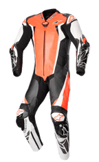 Alpinestars Racing Absolute V2, tuta da corsa intera in pelle per moto, rosso fluo, bianco e nero, con pannelli traforati sul petto, slider esterni DFS su spalle e ginocchia e dettagli grafici stampati sugli avambracci, attrezzatura professionale da pista