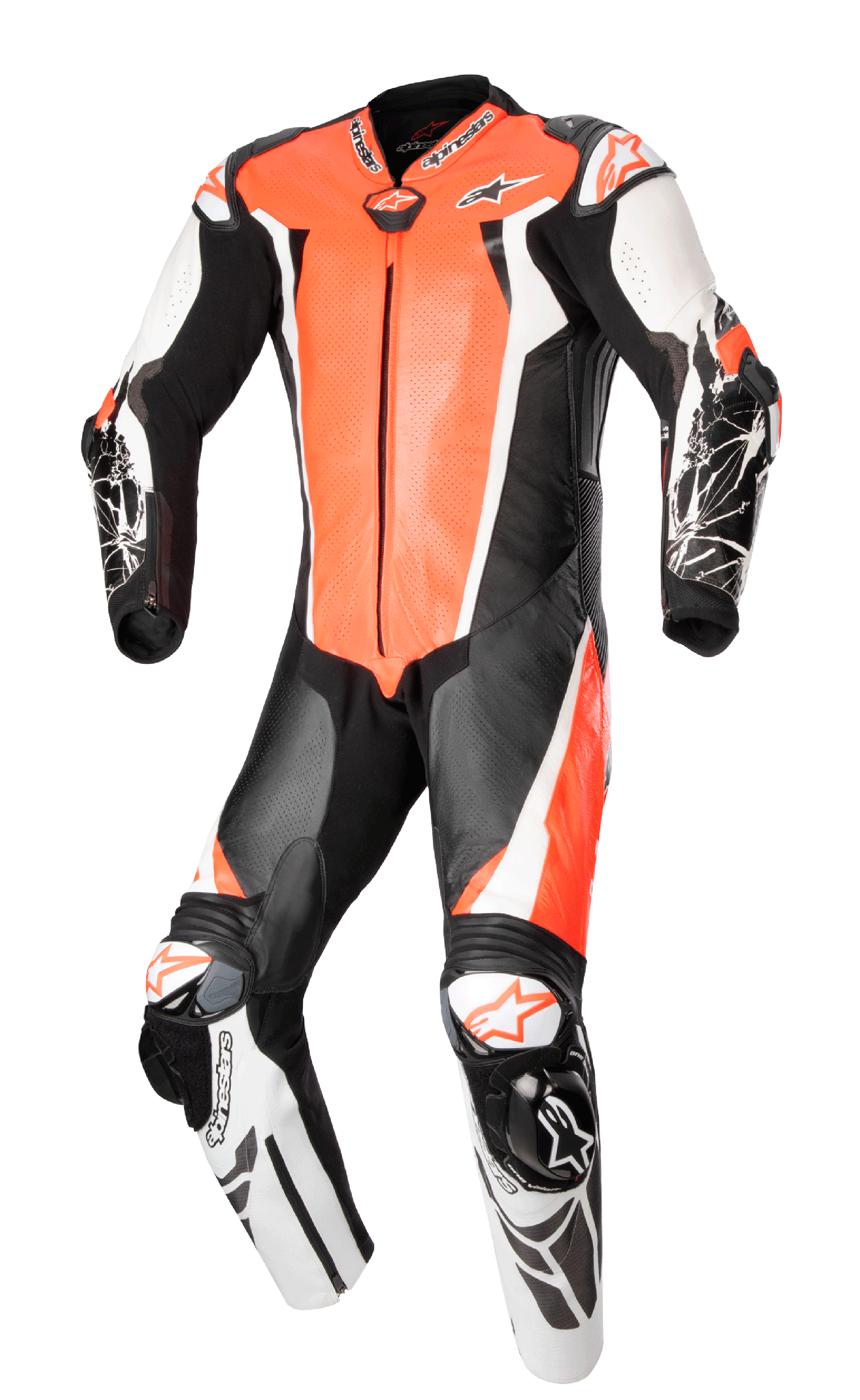 Alpinestars Racing Absolute V2, tuta da corsa intera in pelle per moto, rosso fluo, bianco e nero, con pannelli traforati sul petto, slider esterni DFS su spalle e ginocchia e dettagli grafici stampati sugli avambracci, attrezzatura professionale da pista