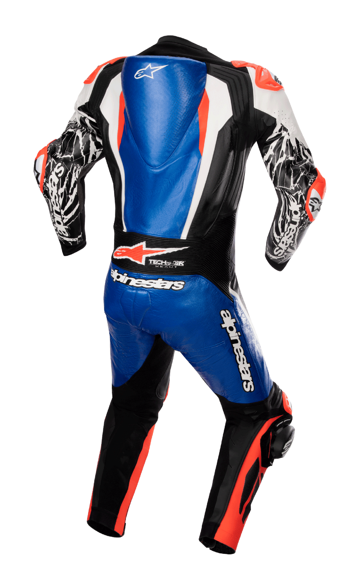 Tuta intera in pelle Alpinestars Racing Absolute V2, vista posteriore, blu metallizzato, nero, bianco e rosso fluo, con gobba aerodinamica, grandi loghi Alpinestars e pannelli elastici compositi, abbigliamento professionale per corse in pista