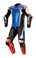 Alpinestars Racing Absolute V2 One Piece Leather Suit, tuta da corsa professionale in pelle di canguro, blu metallizzato, nero, bianco e rosso fluo, slider esterni GP DFS su spalle e ginocchia e pannelli traforati per prestazioni in pista.