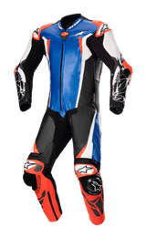 Alpinestars Racing Absolute V2 One Piece Leather Suit, tuta da corsa professionale in pelle di canguro, blu metallizzato, nero, bianco e rosso fluo, slider esterni GP DFS su spalle e ginocchia e pannelli traforati per prestazioni in pista.
