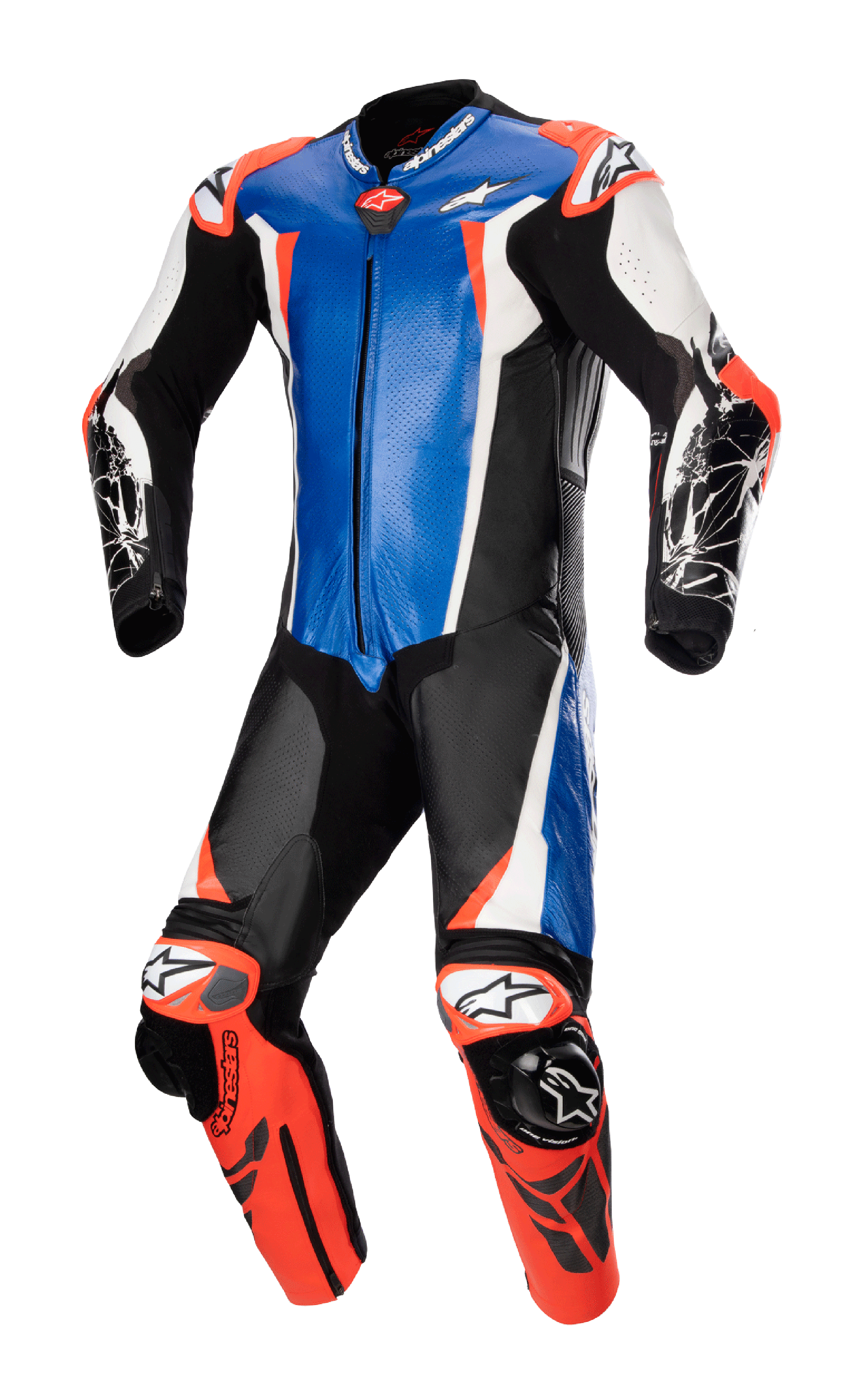 Alpinestars Racing Absolute V2 One Piece Leather Suit, tuta da corsa professionale in pelle di canguro, blu metallizzato, nero, bianco e rosso fluo, slider esterni GP DFS su spalle e ginocchia e pannelli traforati per prestazioni in pista.