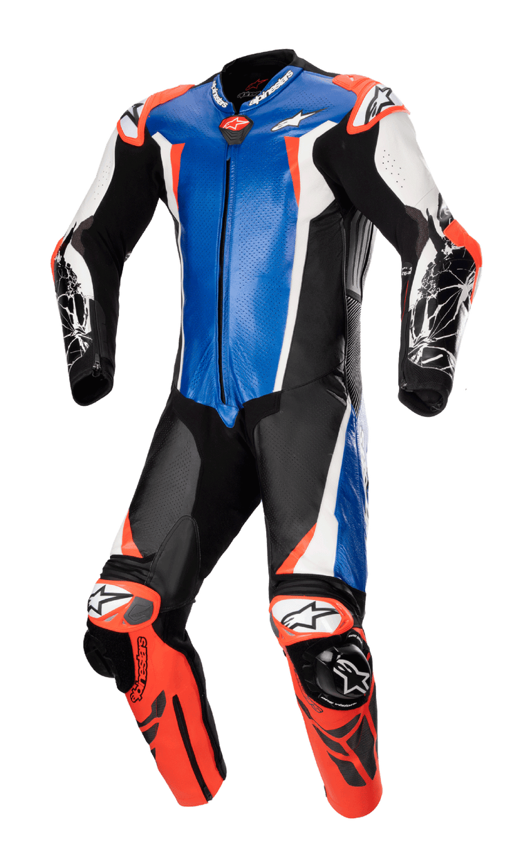 Alpinestars Racing Absolute V2 One Piece Leather Suit, tuta da corsa professionale in pelle di canguro, blu metallizzato, nero, bianco e rosso fluo, slider esterni GP DFS su spalle e ginocchia e pannelli traforati per prestazioni in pista.