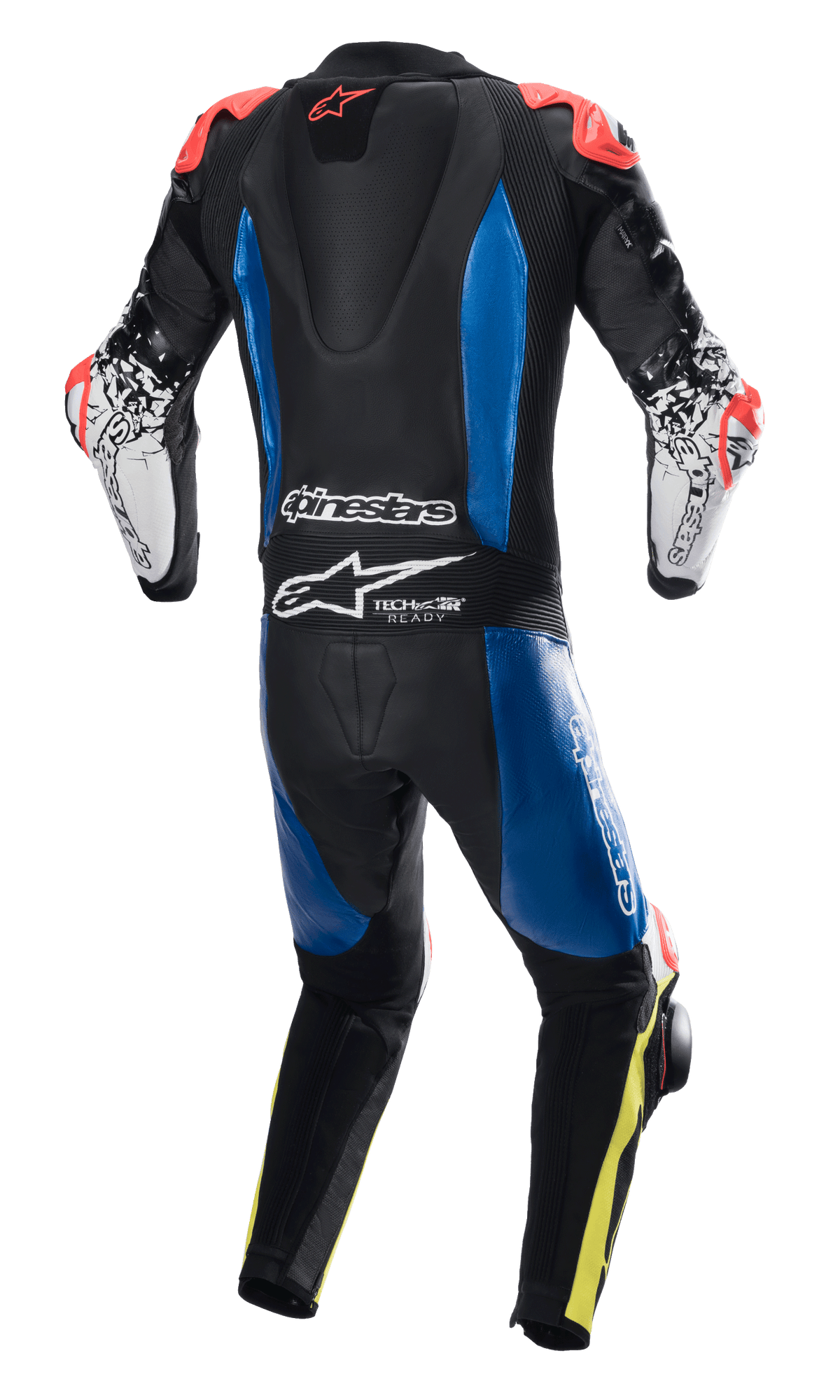 Alpinestars GP Tech V4 Leather Suit, tuta intera in pelle da corsa, nera con pannelli blu e accenti rosso fluo, vista posteriore con gobba aerodinamica e logo Tech-Air Ready, maniche bianche con grafiche nere e dettagli giallo fluo sulle gambe, abbigliamento racing professionale per prestazioni in pista