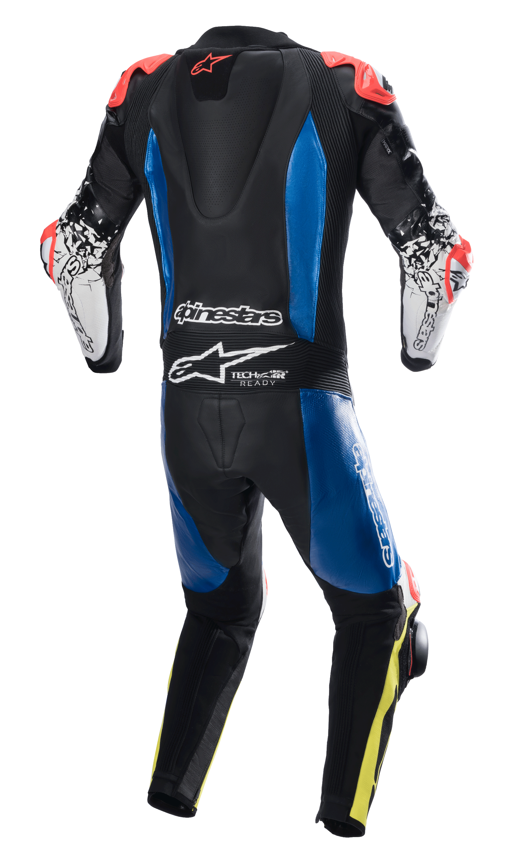 Alpinestars GP Tech V4 Leather Suit, tuta intera in pelle da corsa, nera con pannelli blu e accenti rosso fluo, vista posteriore con gobba aerodinamica e logo Tech-Air Ready, maniche bianche con grafiche nere e dettagli giallo fluo sulle gambe, abbigliamento racing professionale per prestazioni in pista