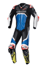 Alpinestars GP Tech V4 Leather Suit, tuta intera da moto in pelle, nero, blu e giallo fluo con accenti bianchi e rossi, design professionale pronto per la pista, con pannelli MATRYX e protezioni rinforzate su spalle e ginocchia, costruzione in pelle premium per alte prestazioni