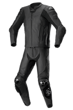 Alpinestars Missile V2, tuta in pelle due pezzi, nera, tuta da corsa per moto, spalle, gomiti e ginocchia rinforzati con slider protettivi, design aerodinamico con giacca e pantaloni con cerniera, costruzione in pelle premium con pannelli testurizzati