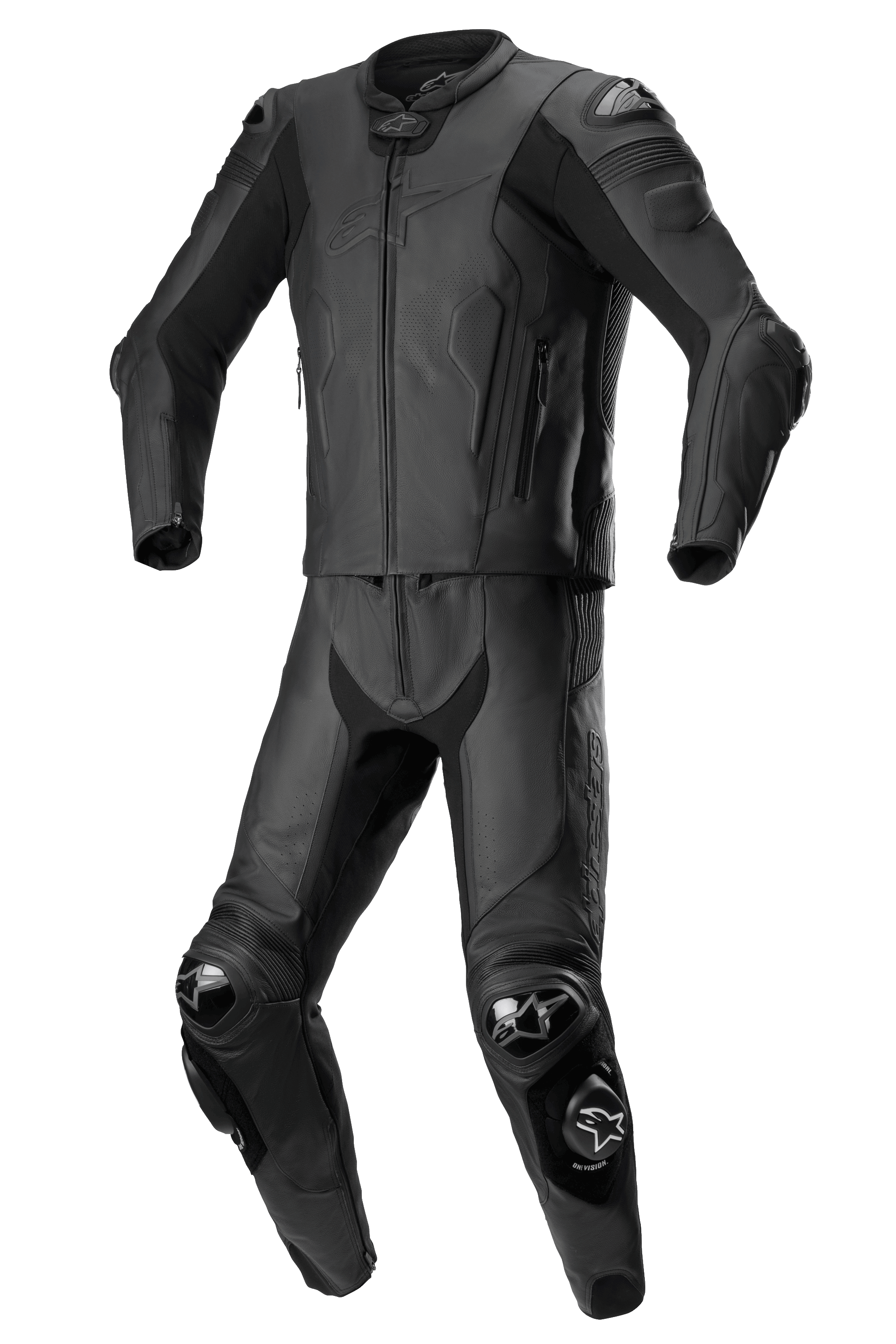 Alpinestars Missile V2, tuta in pelle due pezzi, nera, tuta da corsa per moto, spalle, gomiti e ginocchia rinforzati con slider protettivi, design aerodinamico con giacca e pantaloni con cerniera, costruzione in pelle premium con pannelli testurizzati
