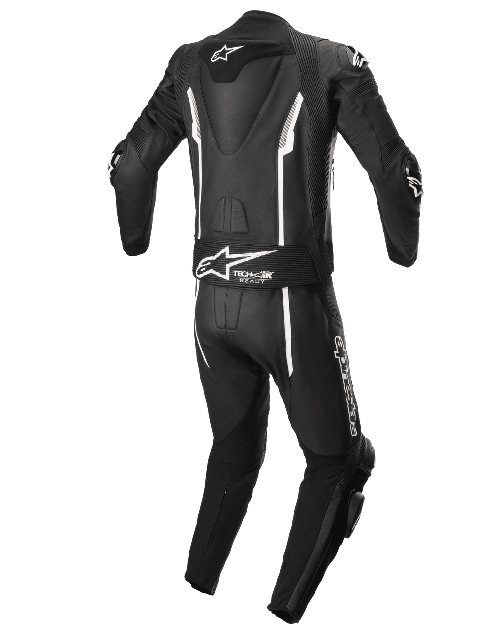 Alpinestars Missile V2 2-Piece Leather Suit, tuta da moto da corsa, nero e bianco, vista posteriore con gobba aerodinamica, pannello elasticizzato Tech-Air Ready, dettagli lineari bianchi e branding Alpinestars sulla parte bassa della schiena e sulla gamba