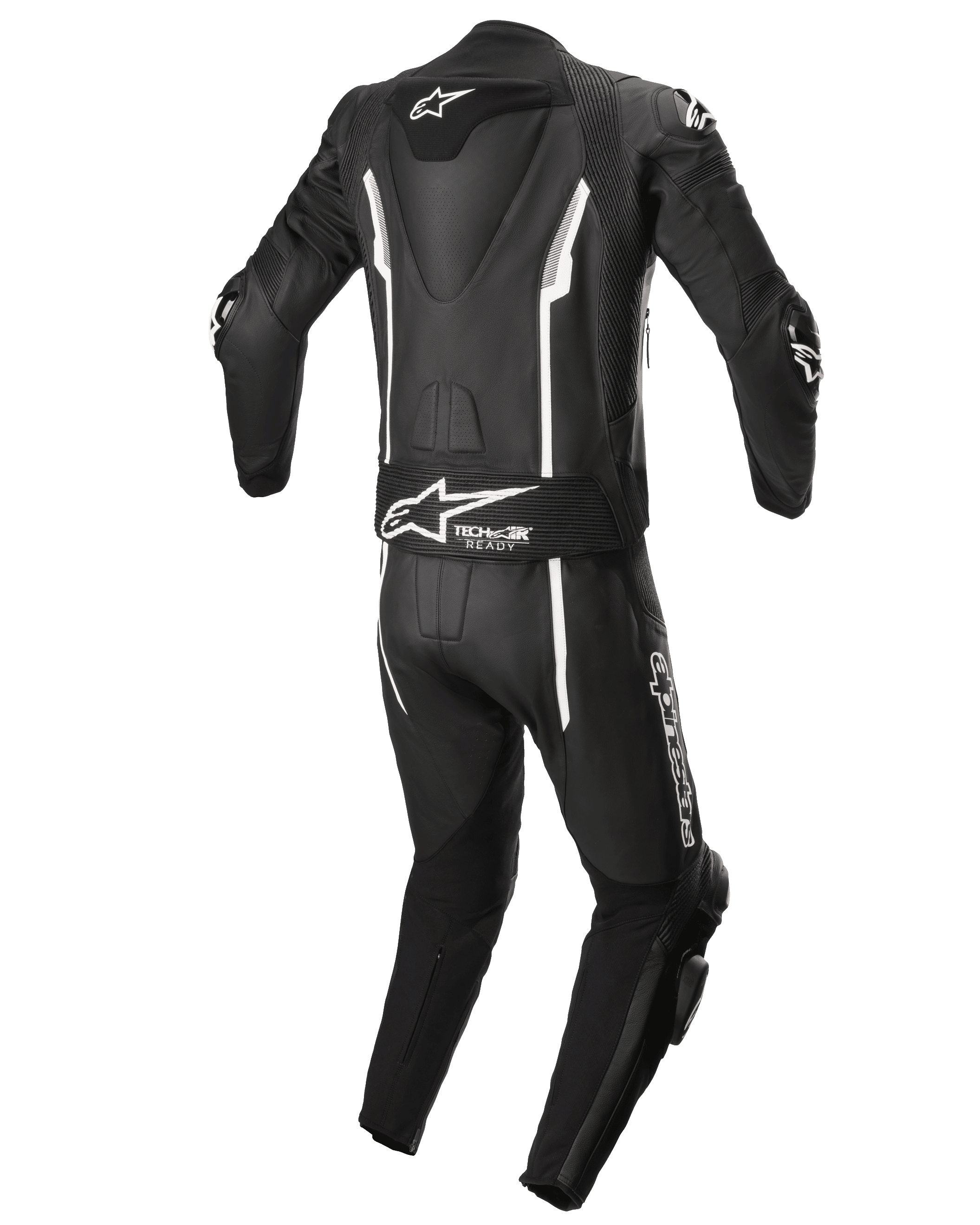 Alpinestars Missile V2 2-Piece Leather Suit, tuta da moto da corsa, nero e bianco, vista posteriore con gobba aerodinamica, pannello elasticizzato Tech-Air Ready, dettagli lineari bianchi e branding Alpinestars sulla parte bassa della schiena e sulla gamba