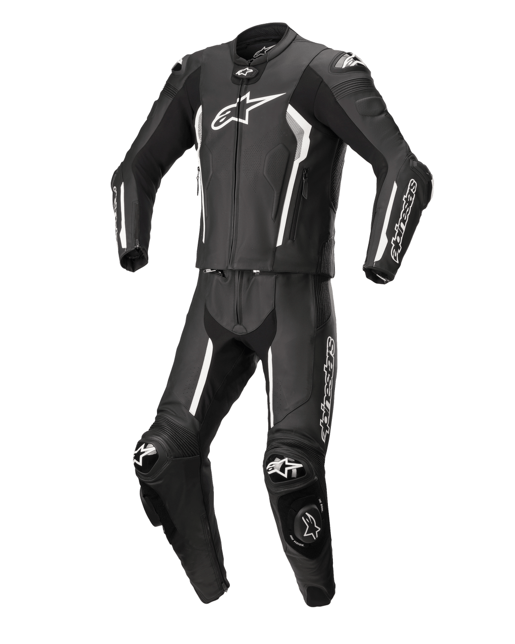 Tuta in pelle Alpinestars Missile V2 2 pezzi, nero e bianco, tuta professionale da corsa, costruzione in pelle premium con accenti e loghi bianchi, dotata di protezioni e saponette, design aerodinamico