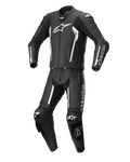 Tuta in pelle Alpinestars Missile V2 2 pezzi, nero e bianco, tuta professionale da corsa, costruzione in pelle premium con accenti e loghi bianchi, dotata di protezioni e saponette, design aerodinamico