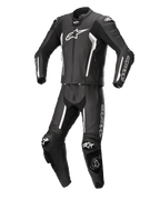 Tuta in pelle Alpinestars Missile V2 2 pezzi, nero e bianco, tuta professionale da corsa, costruzione in pelle premium con accenti e loghi bianchi, dotata di protezioni e saponette, design aerodinamico