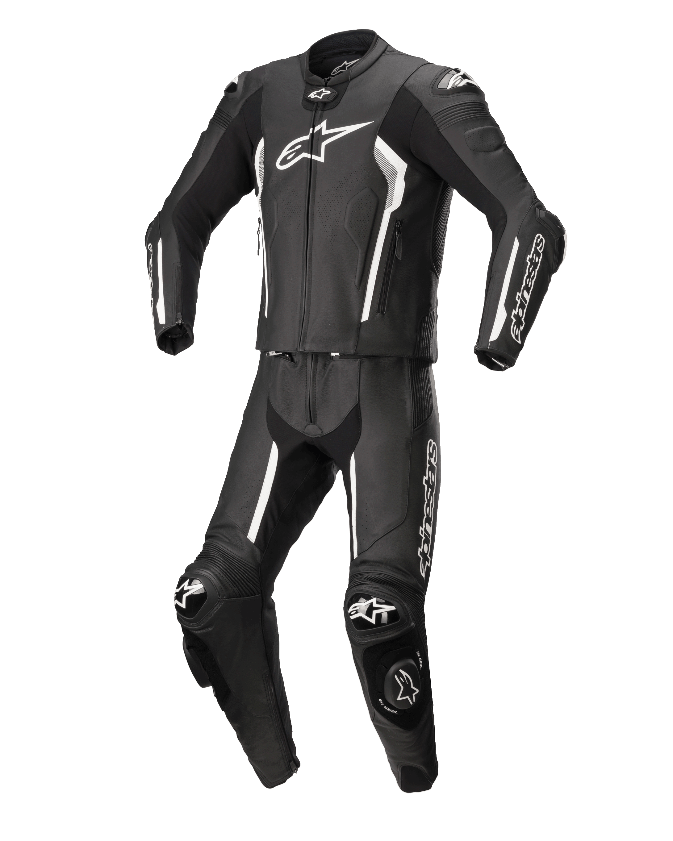 Tuta in pelle Alpinestars Missile V2 2 pezzi, nero e bianco, tuta professionale da corsa, costruzione in pelle premium con accenti e loghi bianchi, dotata di protezioni e saponette, design aerodinamico