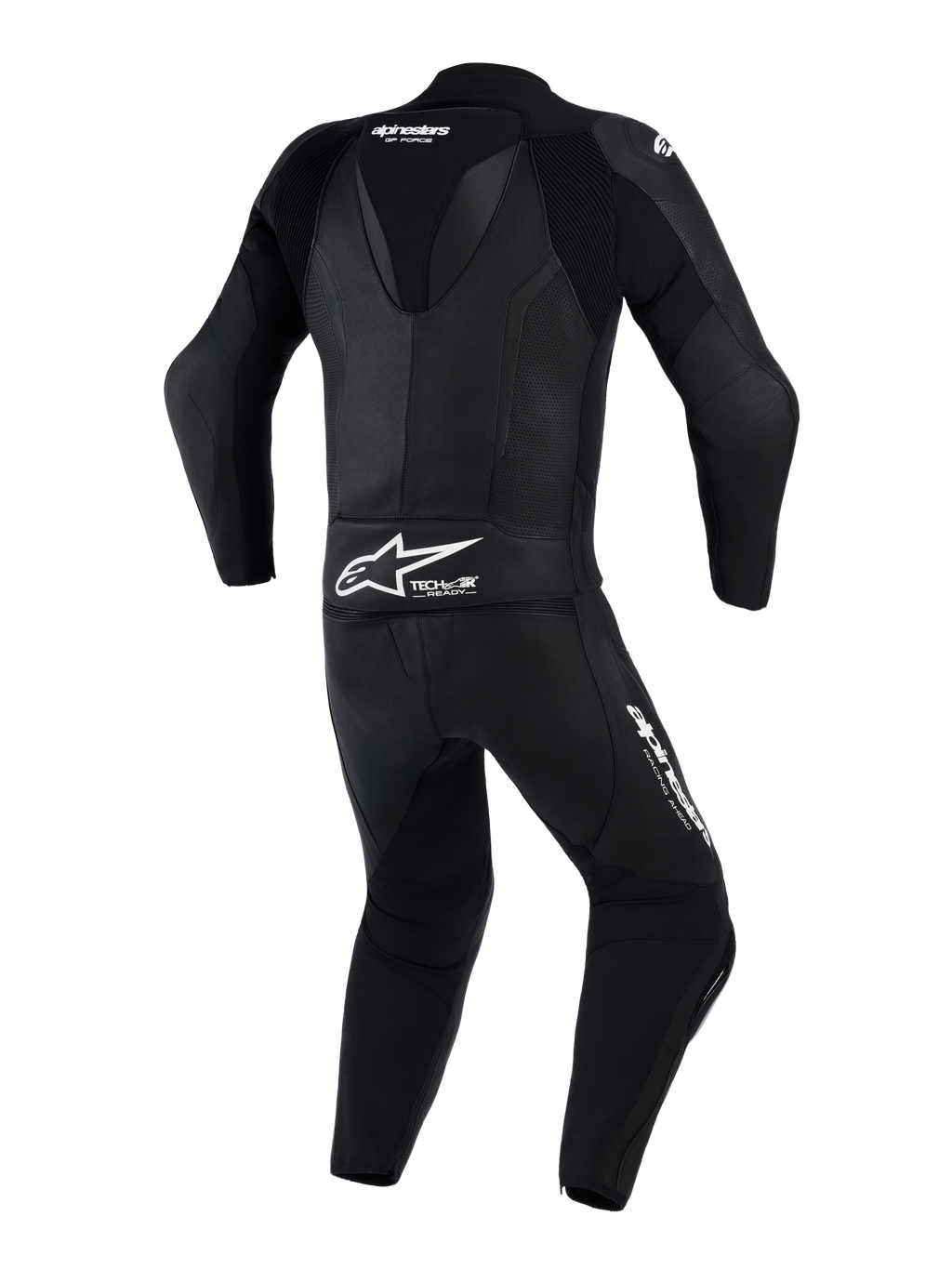 Alpinestars GP Force V2 2 Pezzi, tuta in pelle da moto, nero, vista posteriore con gobba aerodinamica e pannelli in pelle traforata, branding Alpinestars e logo Tech-Air Ready sulla parte bassa della schiena, progettata per la guida in pista ad alte prestazioni