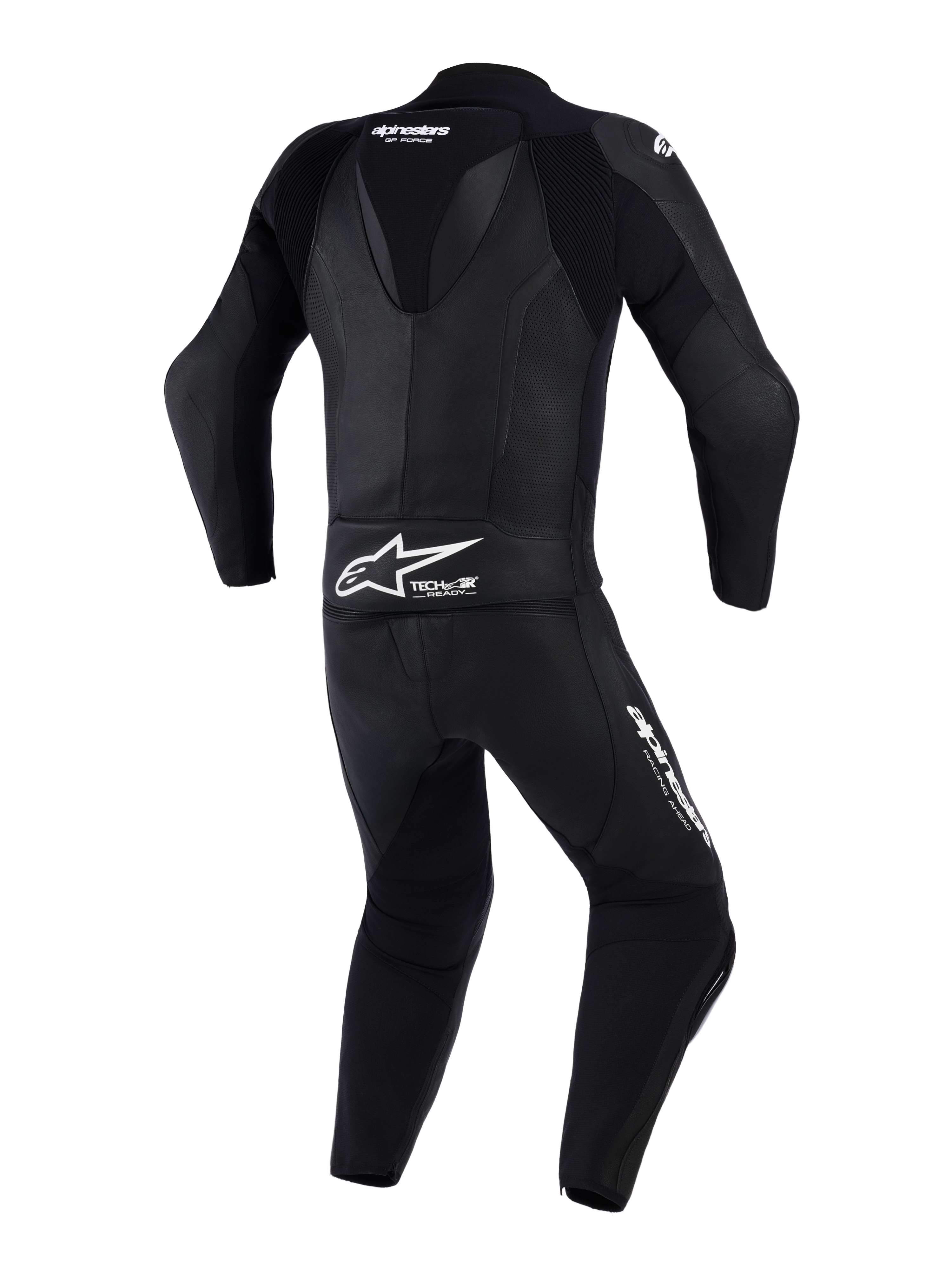 Alpinestars GP Force V2 2 Pezzi, tuta in pelle da moto, nero, vista posteriore con gobba aerodinamica e pannelli in pelle traforata, branding Alpinestars e logo Tech-Air Ready sulla parte bassa della schiena, progettata per la guida in pista ad alte prestazioni