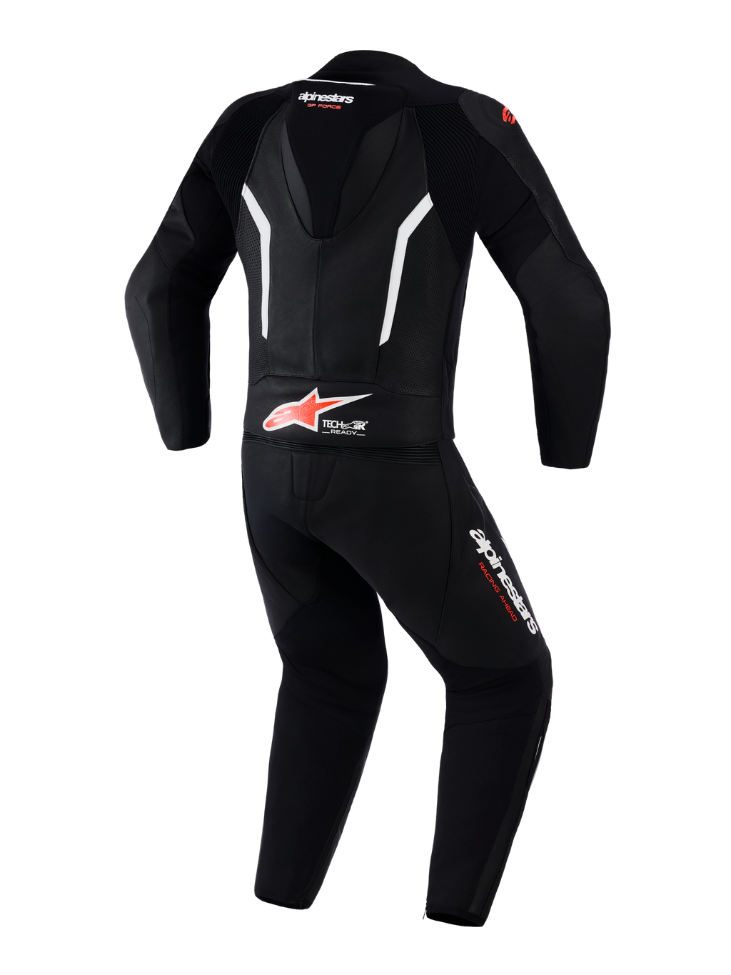 Alpinestars Tuta in pelle GP Force V2 2 pezzi, tuta da moto racing, nero, bianco e rosso fluo, vista posteriore che mostra la gobba aerodinamica, logo Tech-Air Ready sulla parte bassa della schiena, pannelli in pelle traforata per la ventilazione e loghi Alpinestars sulle gambe e sul collo.